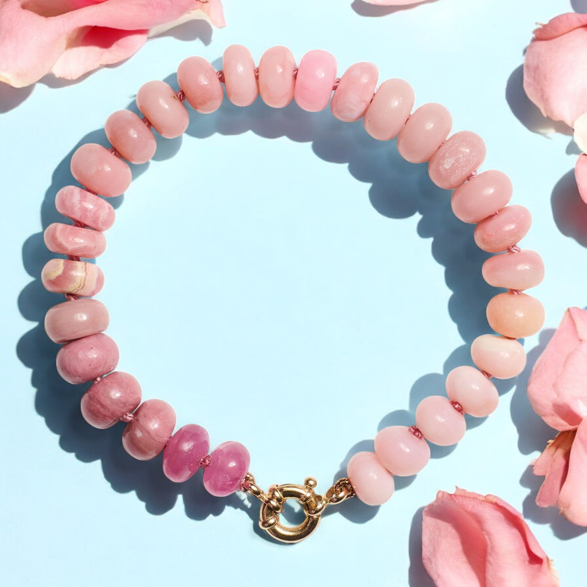 Modern Pink Sapphire and Opal Beaded Yellow Gold Bracelet For Sale