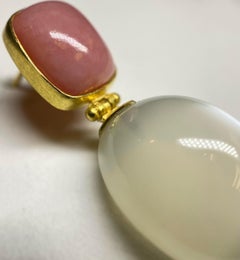 Pink Opal and White Moonstone Dangle Earrings in 18 Karat Gold, A2 by Arunashi