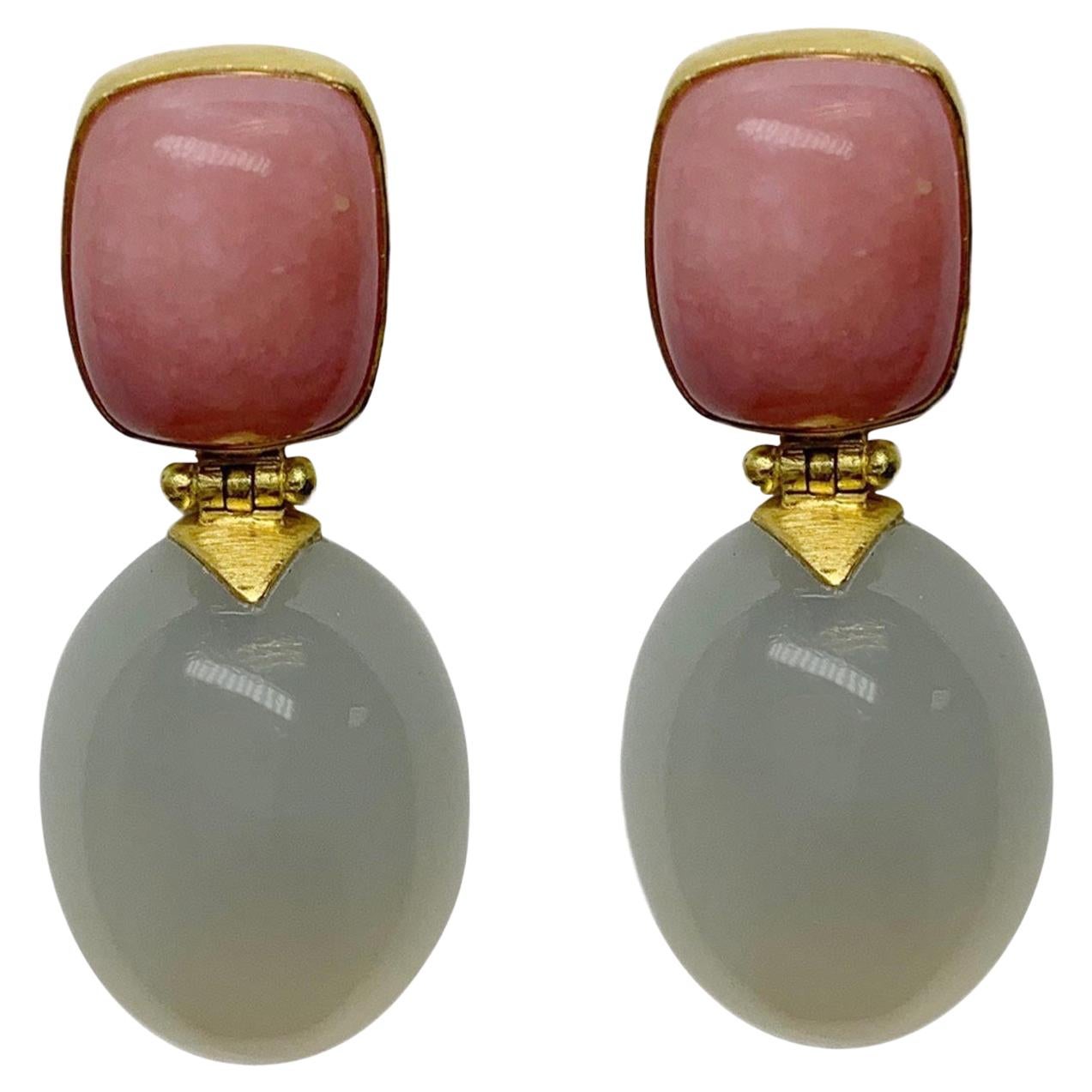 Pink Opal and White Moonstone Dangle Earrings in 18 Karat Gold, A2 by Arunashi For Sale