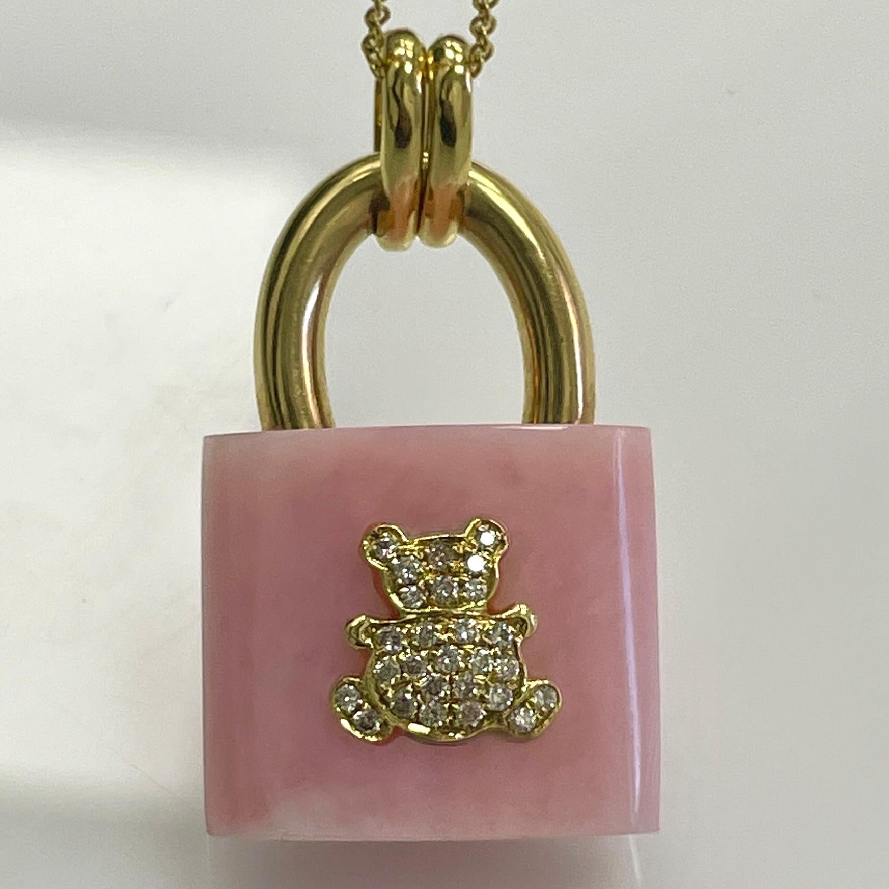 Square Cut Pink Opal and Yellow Gold Lock Shape with Diamond Teddy Bear For Sale