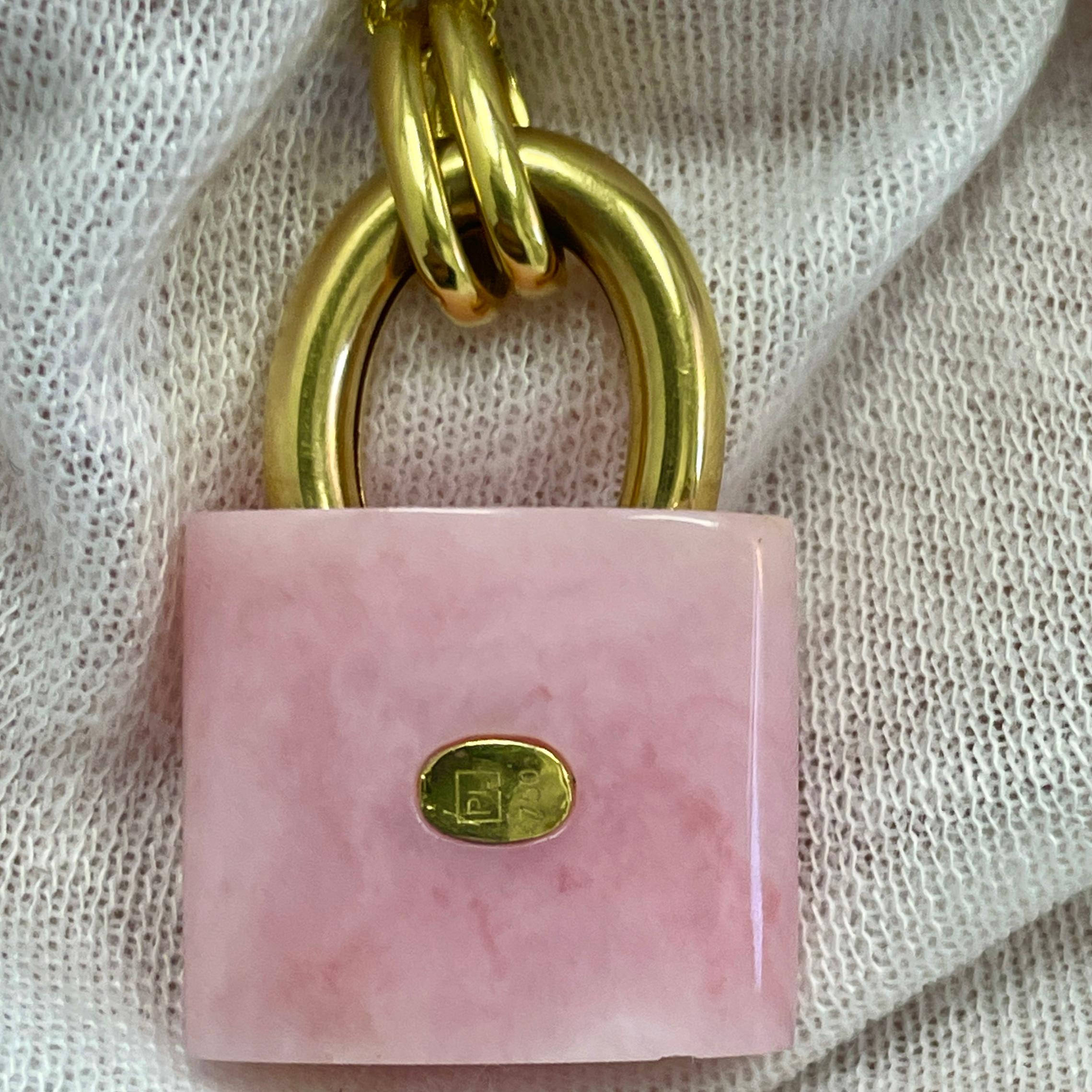 Women's Pink Opal and Yellow Gold Lock Shape with Diamond Teddy Bear For Sale