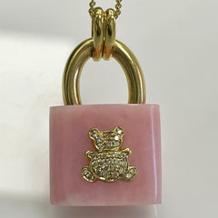 Pink Opal and Yellow Gold Lock Shape with Diamond Teddy Bear