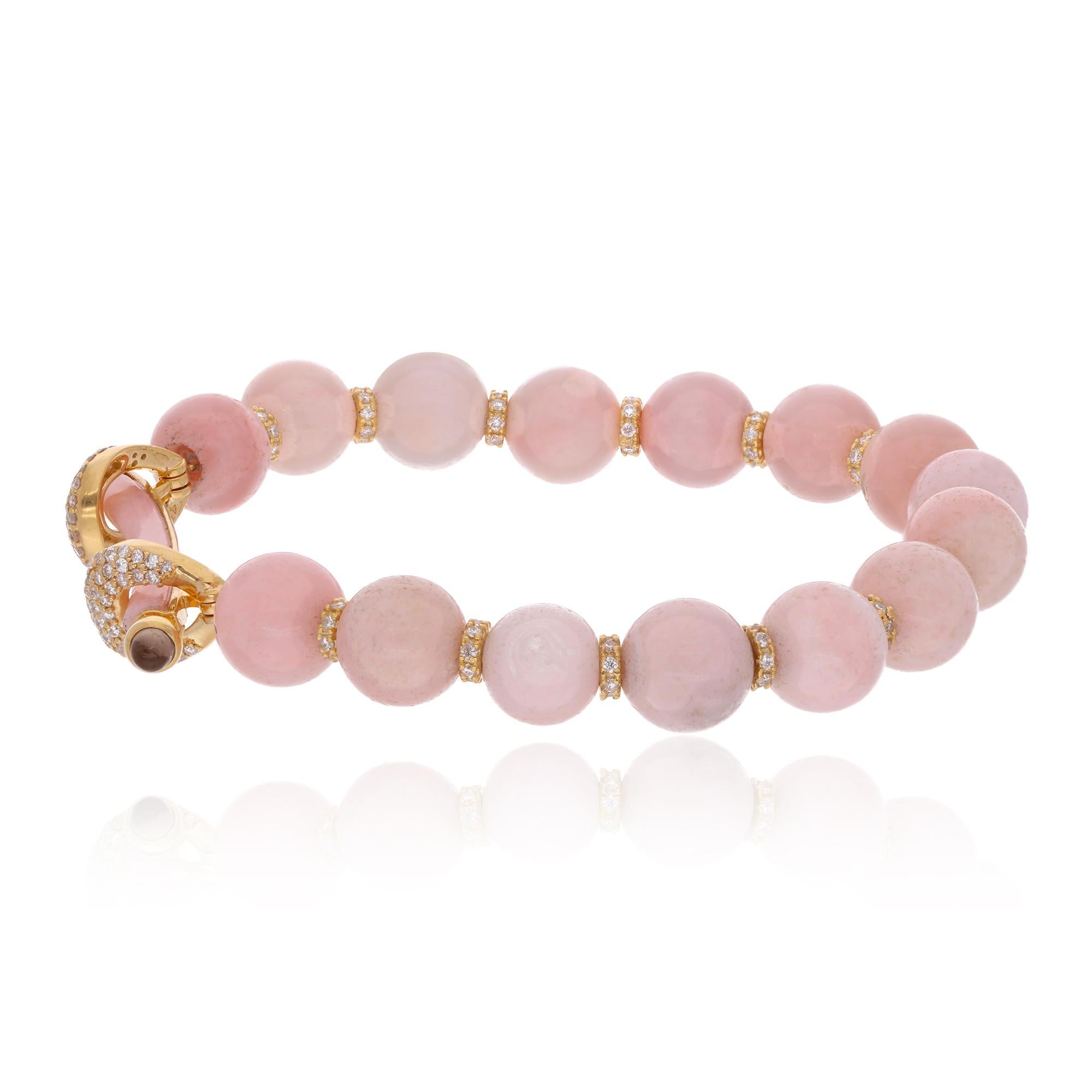 Modern Pink Opal Bead Ball Bracelet Smokey Diamond 10 Karat Yellow Gold Fine Jewelry For Sale