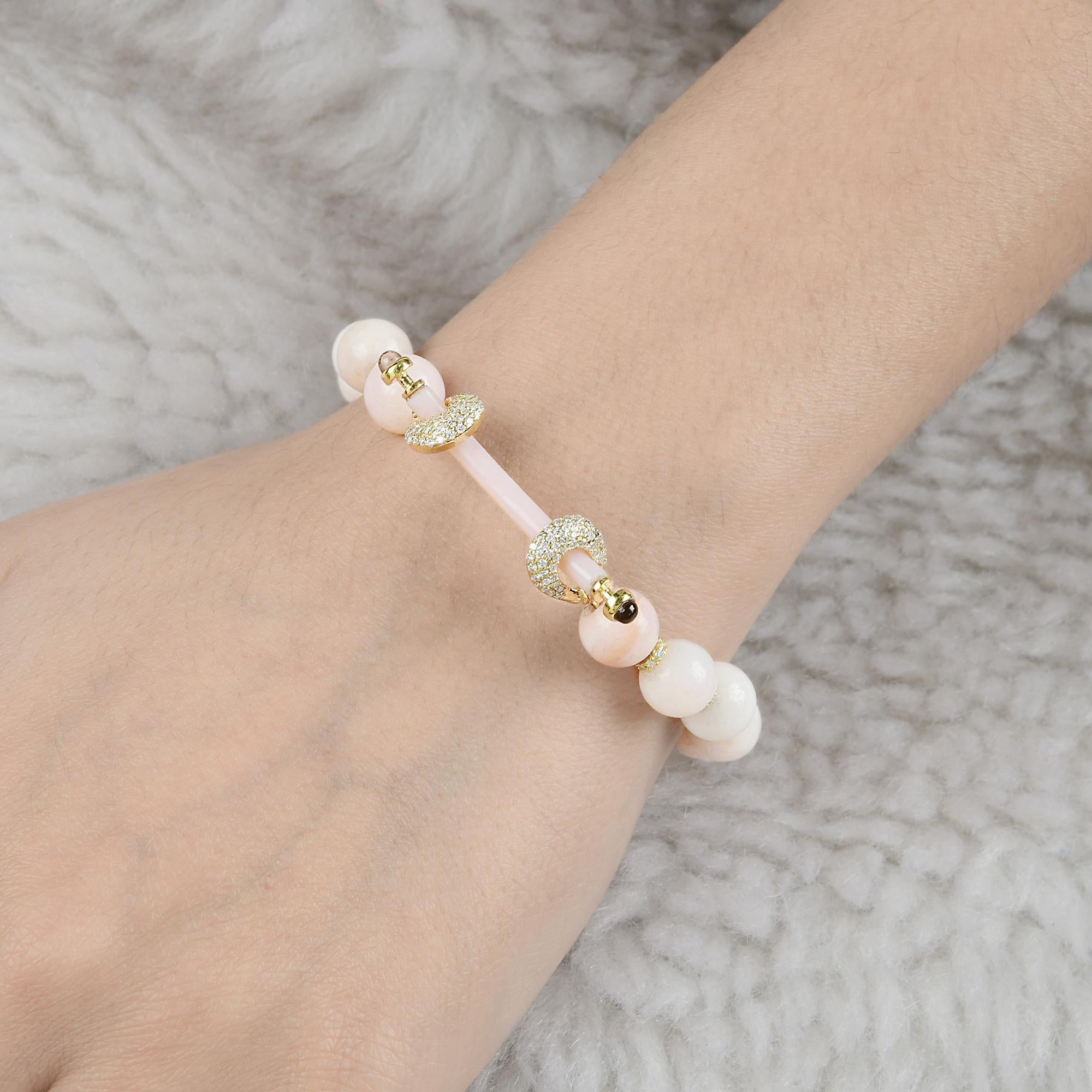Ball Cut Pink Opal Bead Ball Bracelet Smokey Diamond 10 Karat Yellow Gold Fine Jewelry For Sale