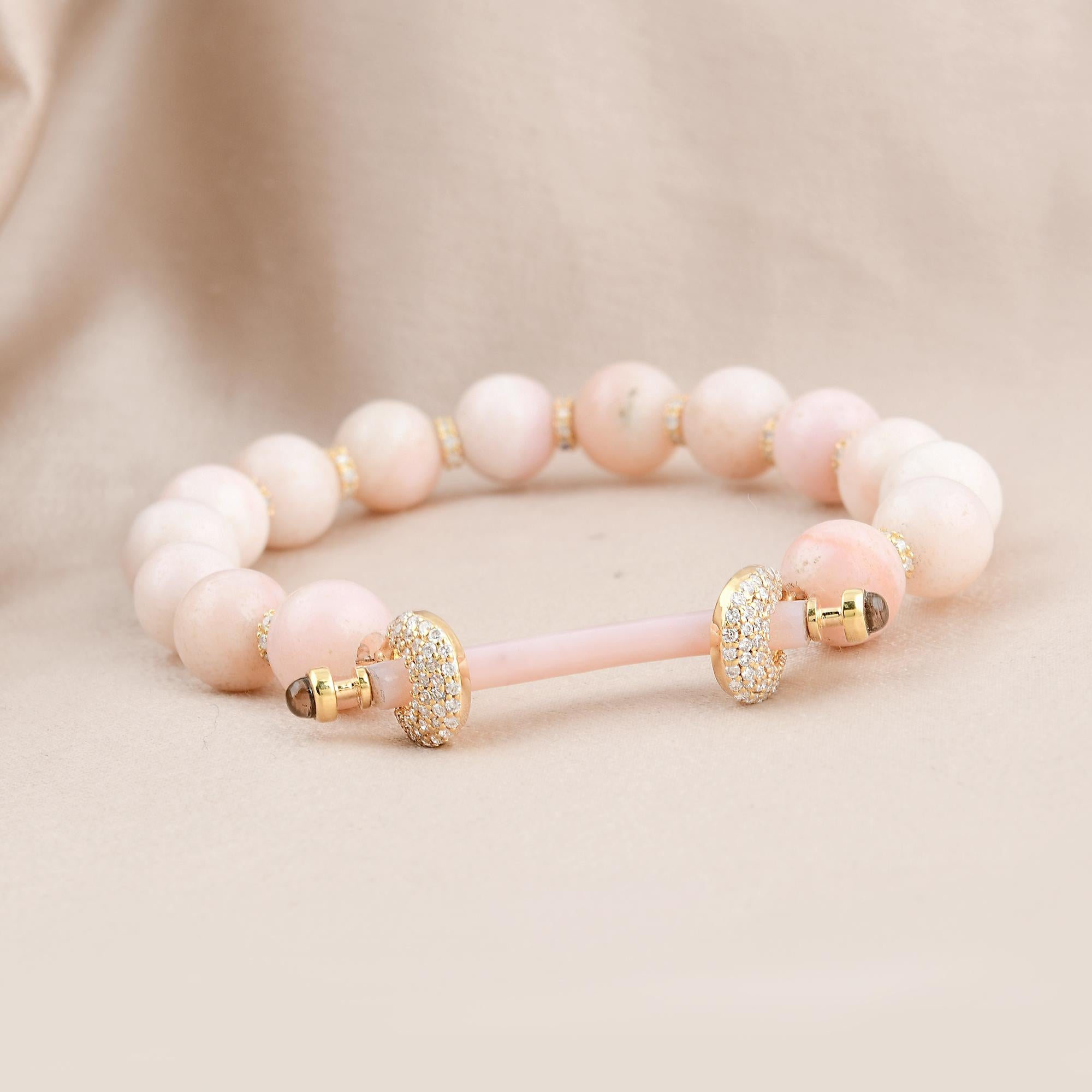 Perlen-Kugelarmband aus 14 Karat Gelbgold mit rosa Opal und Rauchdiamant, handgefertigt Damen im Angebot
