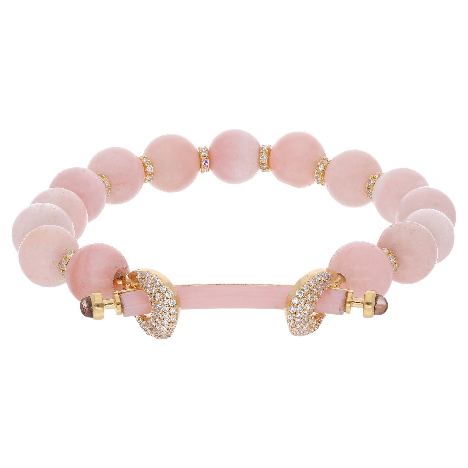 Pink Opal Bead Ball Bracelet Smokey Diamond 18 Kt Yellow Gold Handmade Jewelry