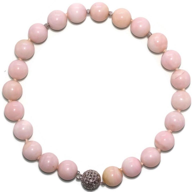 Pink Opal Bead Necklace With Diamond 18k White Gold Clasp and Diamond