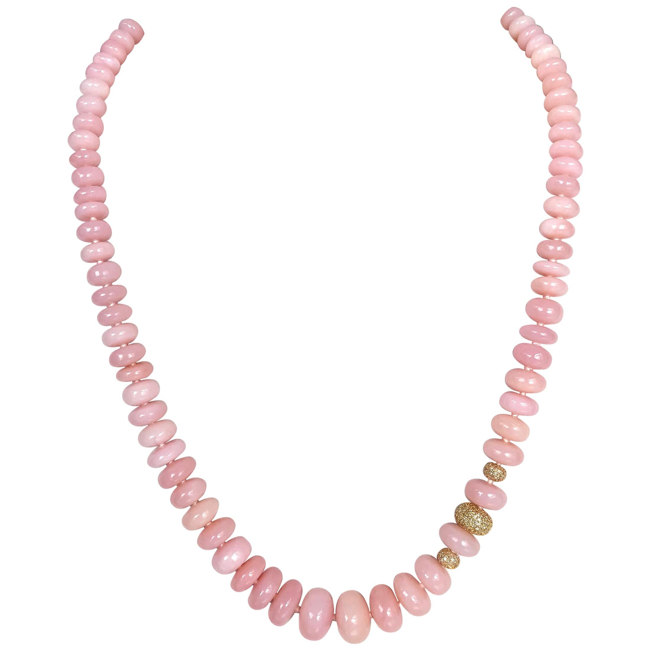  14 Karat Yellow Gold Pink Opal Beaded Necklace with Diamond Beads and Clasp