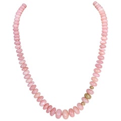  14 Karat Yellow Gold Pink Opal Beaded Necklace with Diamond Beads and Clasp