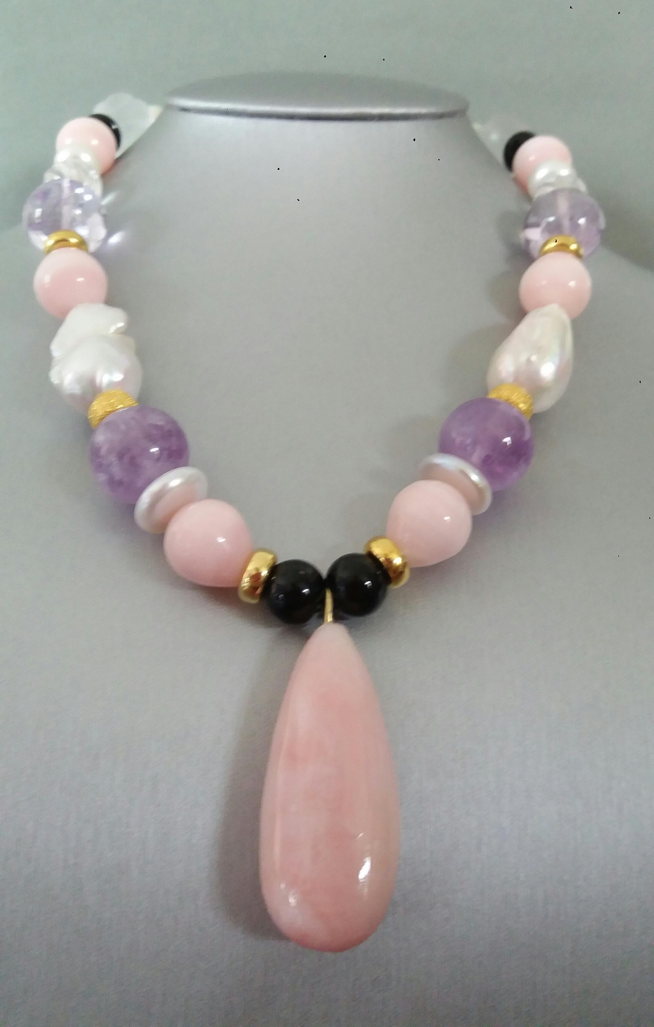 Mixed Cut Pink Opal Beads and Pendant Amethyst Pearls Quartz Onyx Yellow Gold Necklace For Sale