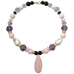 Perle di opale rosa e ciondolo di ametista Perle di quarzo Onice Collana in oro giallo