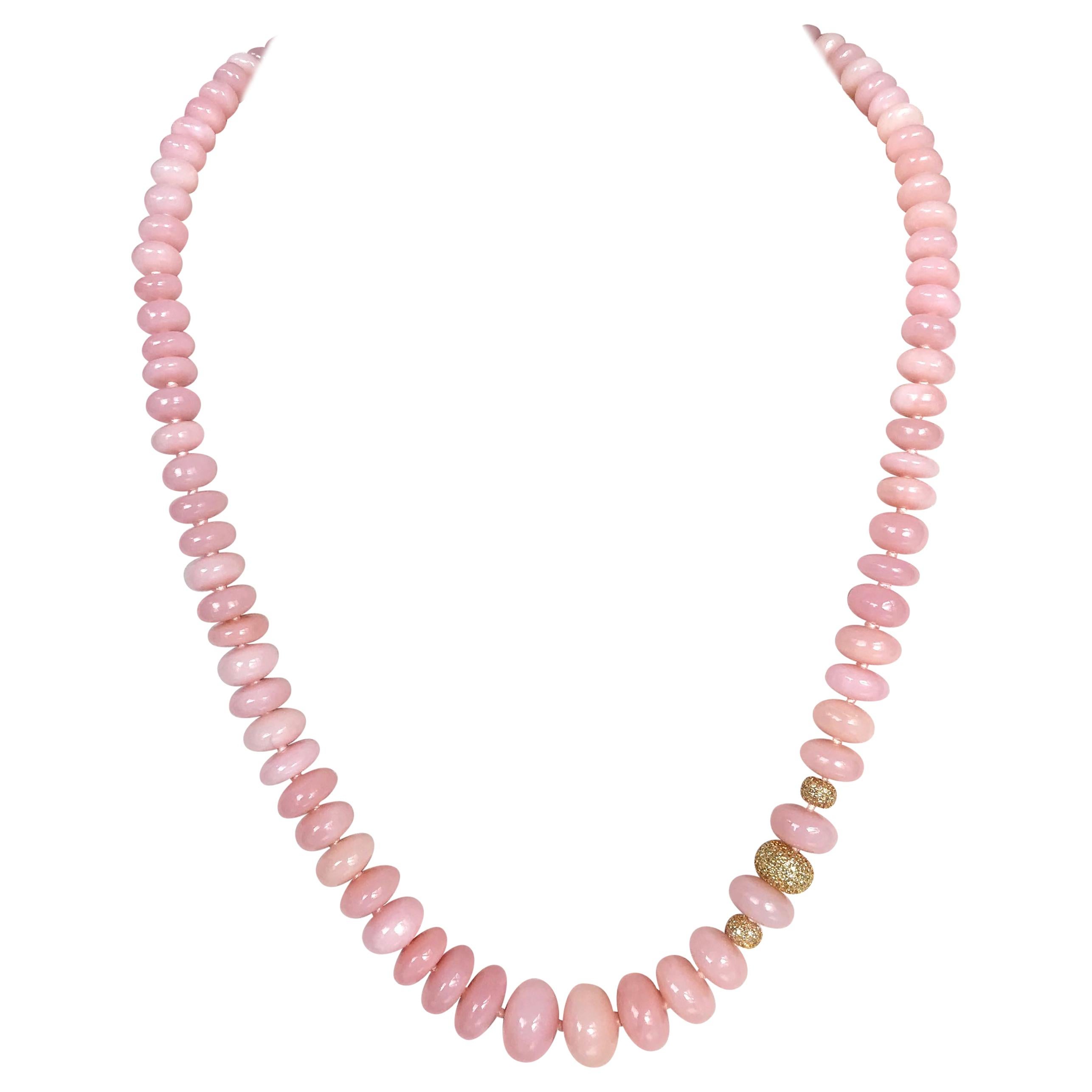 Pink Opal Beads Diamond Enhancers Diamond Clasp 14 Karat Gold Necklace For Sale