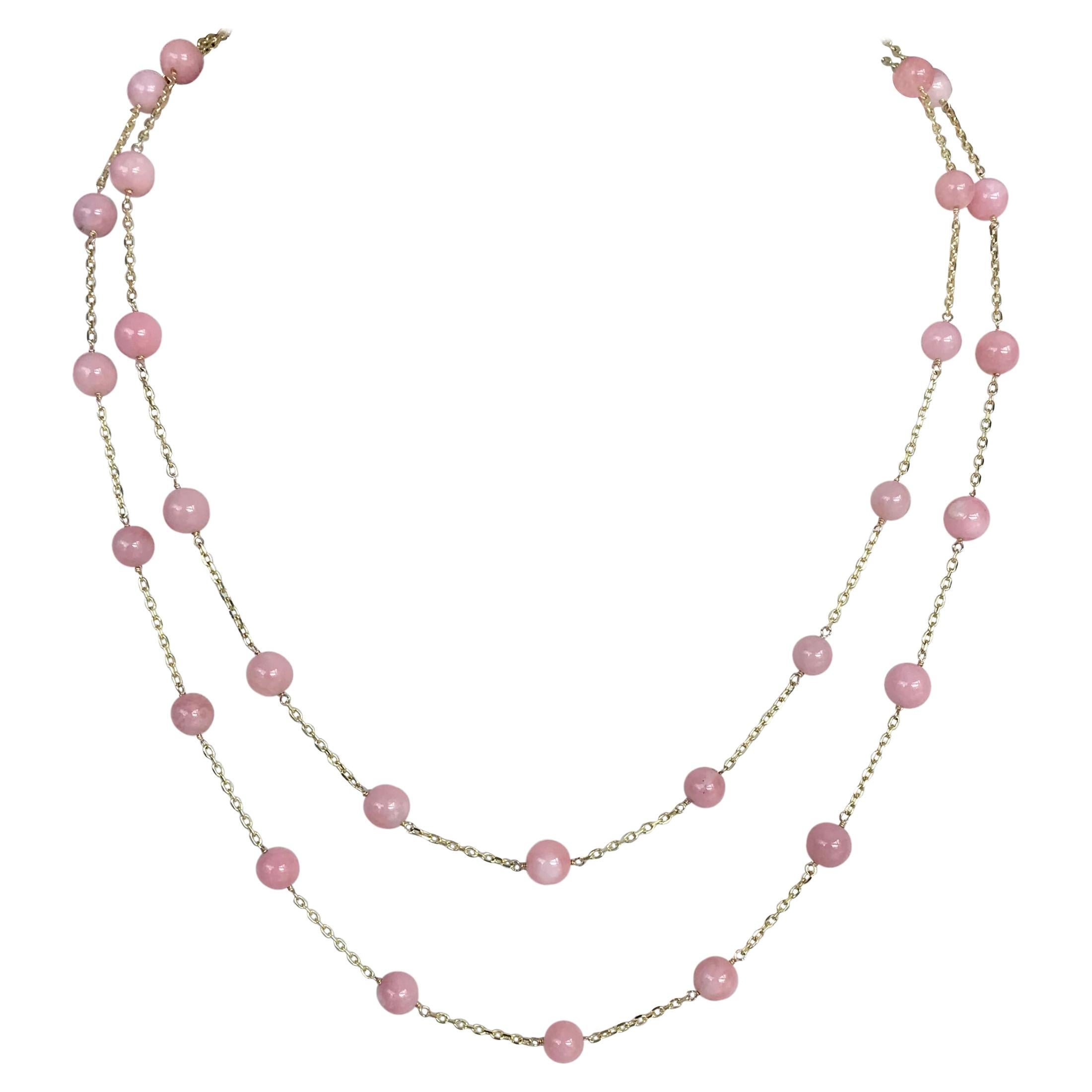  Pink Opal Beads Station Chain Necklace in 14 Karat Gold