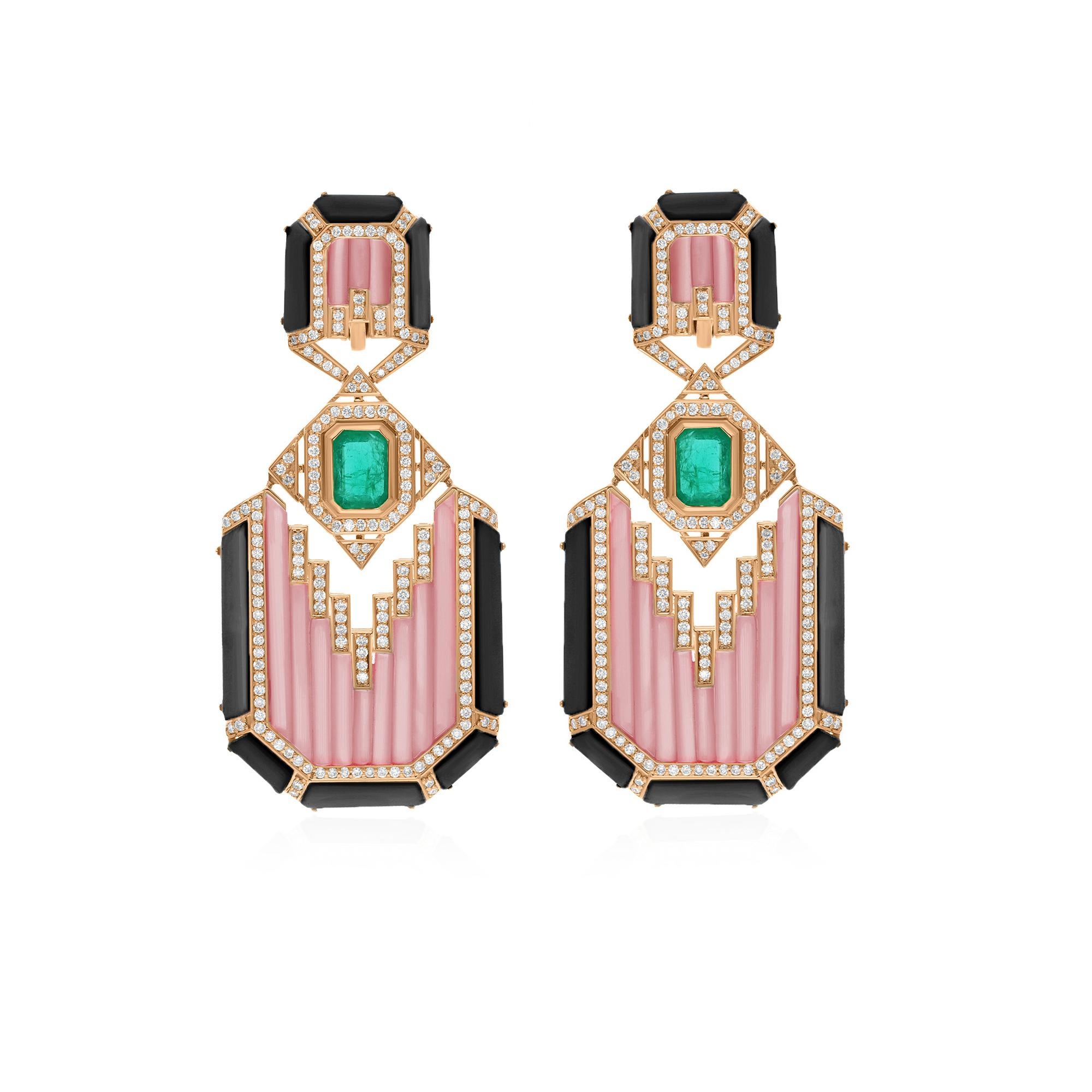 Cast from 14-karat gold, these exquisite earrings are handset with 1.95 carats Zambian emerald, 9.03 carats pink opal, 5.90 carats black onyx and 1.85 carats of sparkling diamonds.

FOLLOW SPECTRUM JEWELS storefront to view the latest collection &