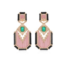 Pink Opal Black Onyx Emerald SI/H Diamond 14 Karat Yellow Gold Handmade Jewelry