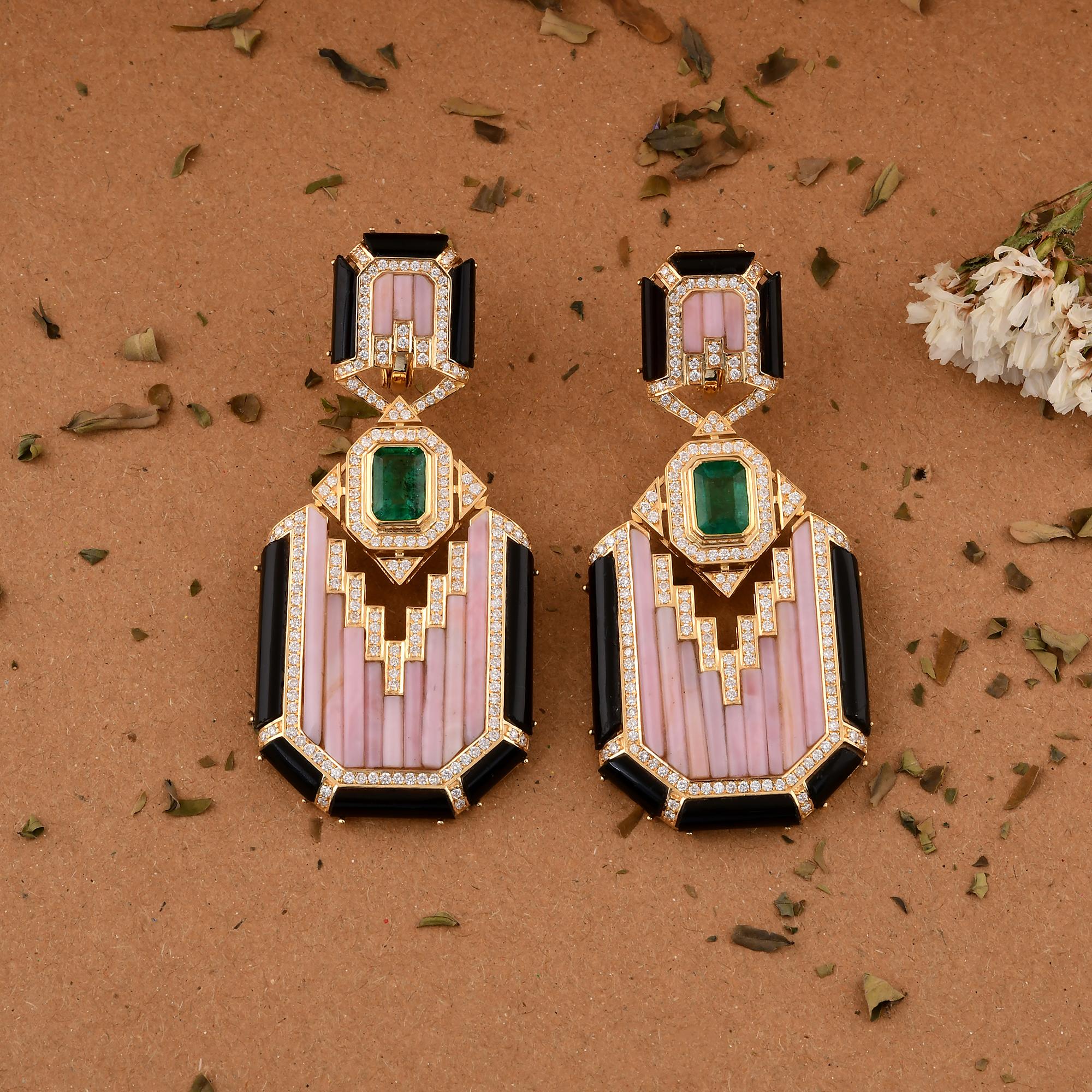 Emerald Cut Pink Opal Black Onyx Emerald SI/H Diamond 14 Karat Yellow Gold Handmade Jewelry For Sale