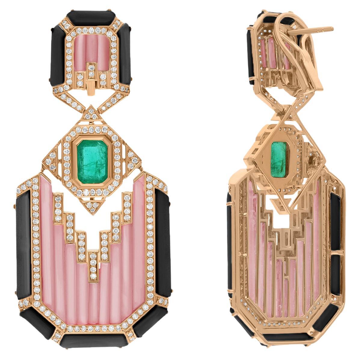 Pink Opal Black Onyx Emerald SI/H Diamond 14 Karat Yellow Gold Handmade Jewelry