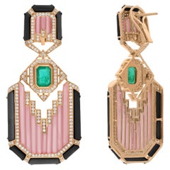 Pink Opal Black Onyx Emerald SI/H Diamond 18 Karat Yellow Gold Handmade Jewelry
