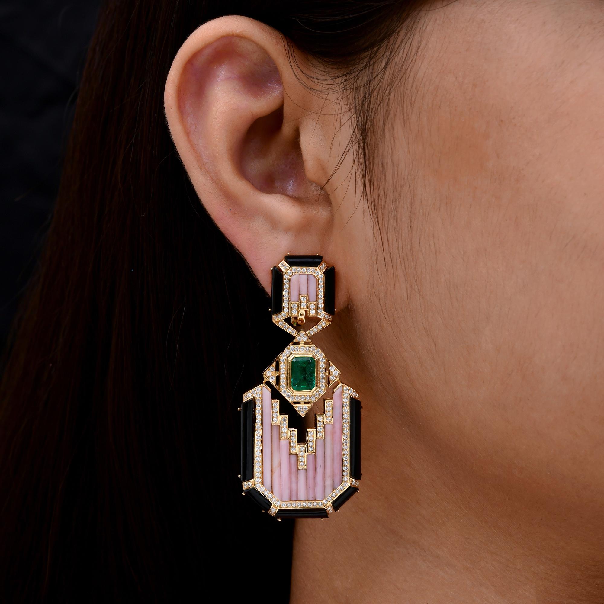 Modern Pink Opal Black Onyx Emerald SI/H Diamond 18 Karat Yellow Gold Handmade Jewelry For Sale