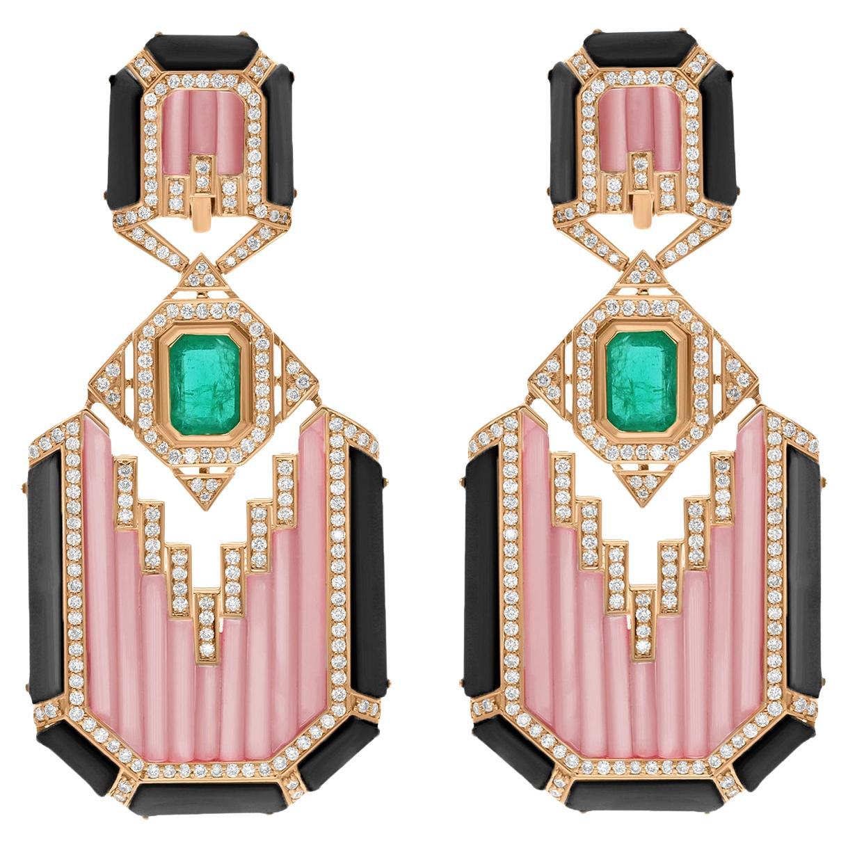 Pink Opal Black Onyx Emerald SI/H Diamond 18 Karat Yellow Gold Handmade Jewelry