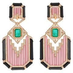 Pink Opal Black Onyx Emerald SI/H Diamond 18 Karat Yellow Gold Handmade Jewelry