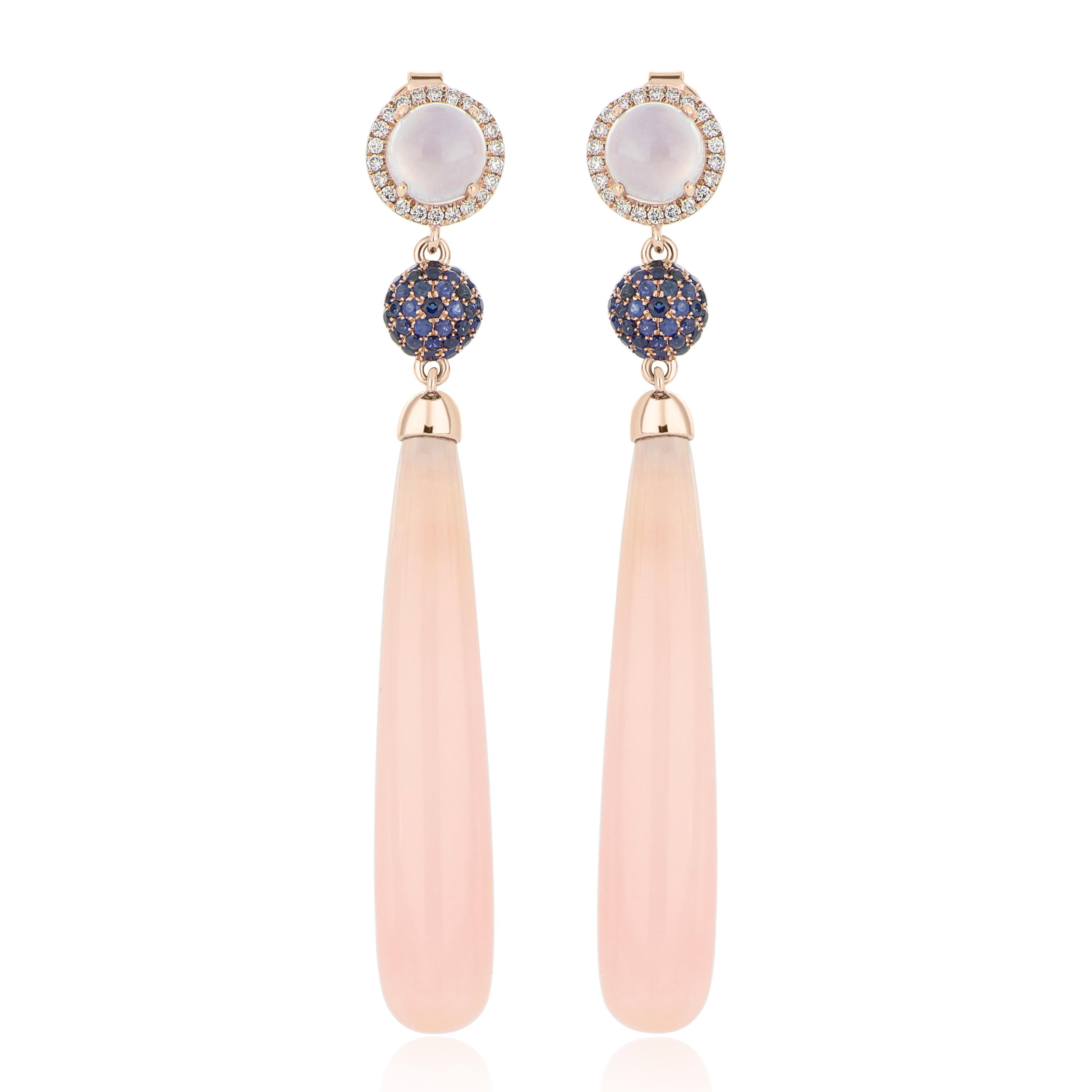 Elegant and exquisitely detailed 14 Karat Rose Gold Pair of Earrings, set with 19.90 Cts Pink Opal .Drop Shape Pink Opal, and 2.03 Cts of Round Cut Blue Chalcedony accented with Blue Sapphire and micro pave set Diamonds, weighing approx. 0.165 Cts