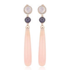 Pink Opal, Blue Chalcedony, Blue Sapphire and Diamond Earring 14 Karat Rose Gold