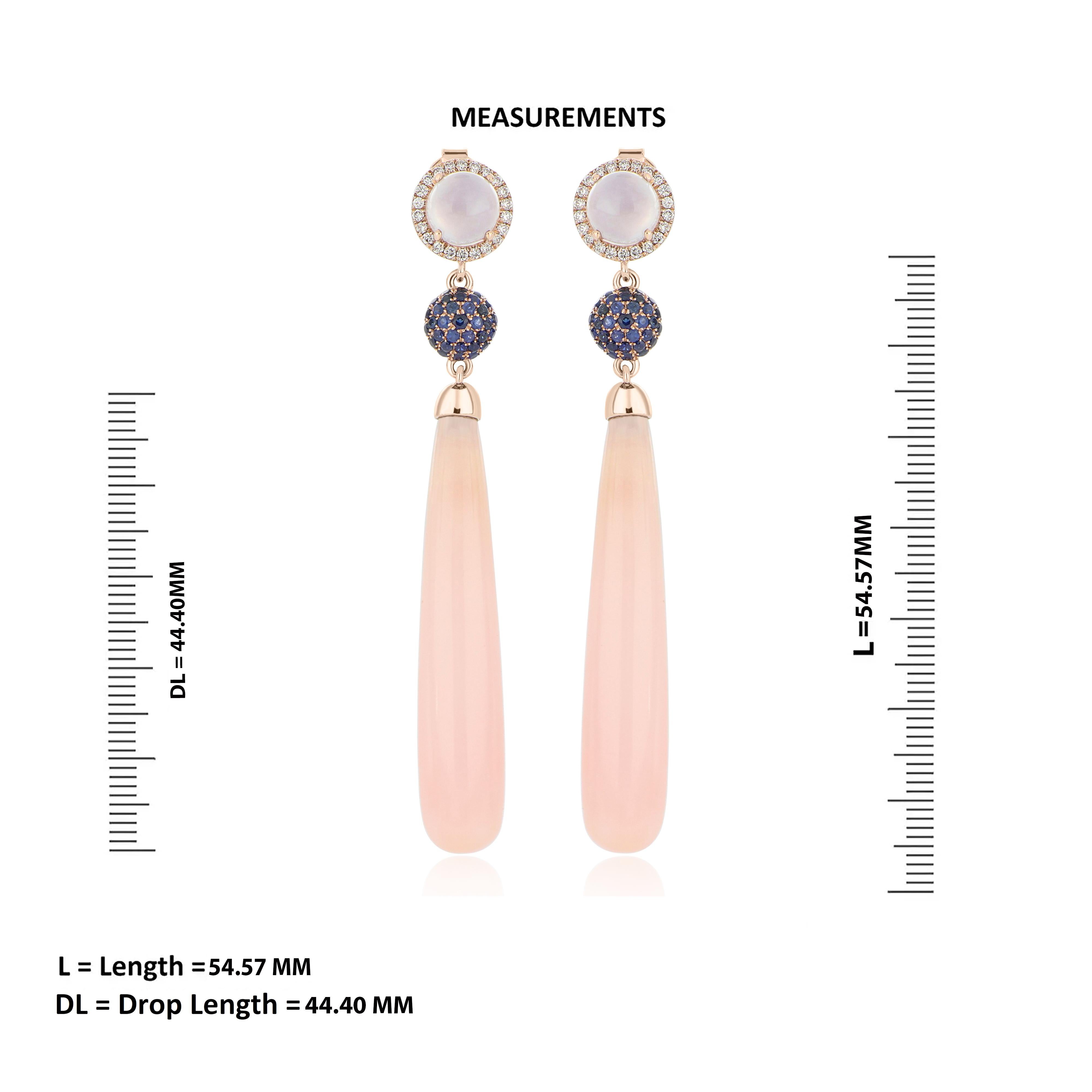 Cabochon Pink Opal, Blue Chalcedony, Blue Sapphire and Diamond Earring 14 Karat Rose Gold For Sale