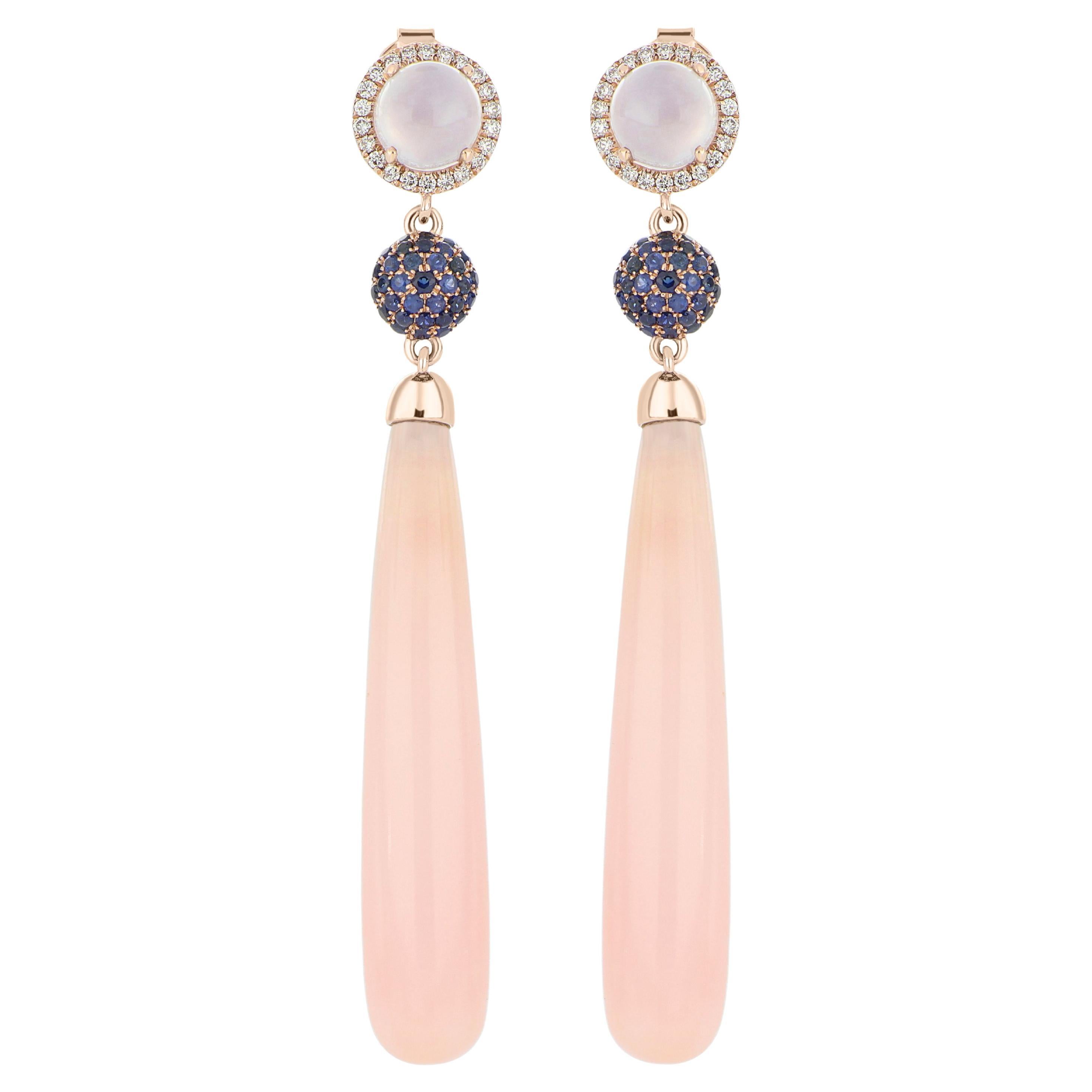 Pink Opal, Blue Chalcedony, Blue Sapphire and Diamond Earring 14 Karat Rose Gold