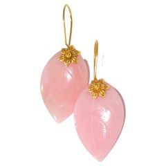 Pink Opal Carved Leaf Earrings in 18K Solid Yellow Gold
