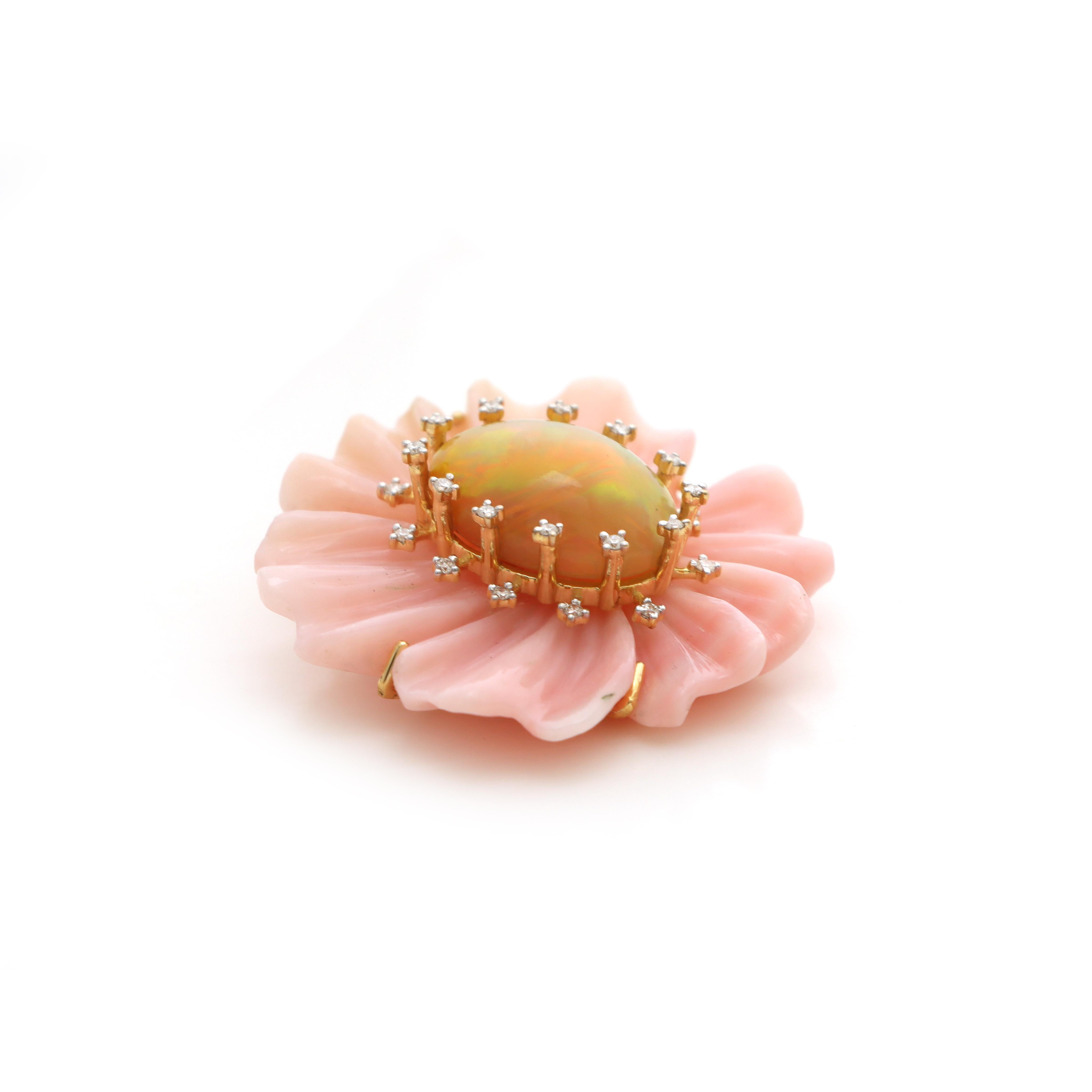 Art nouveau Pendentif Fleur en Opale Rose, Pendentif Opale Ethiopienne en Or Jaune 14k en vente