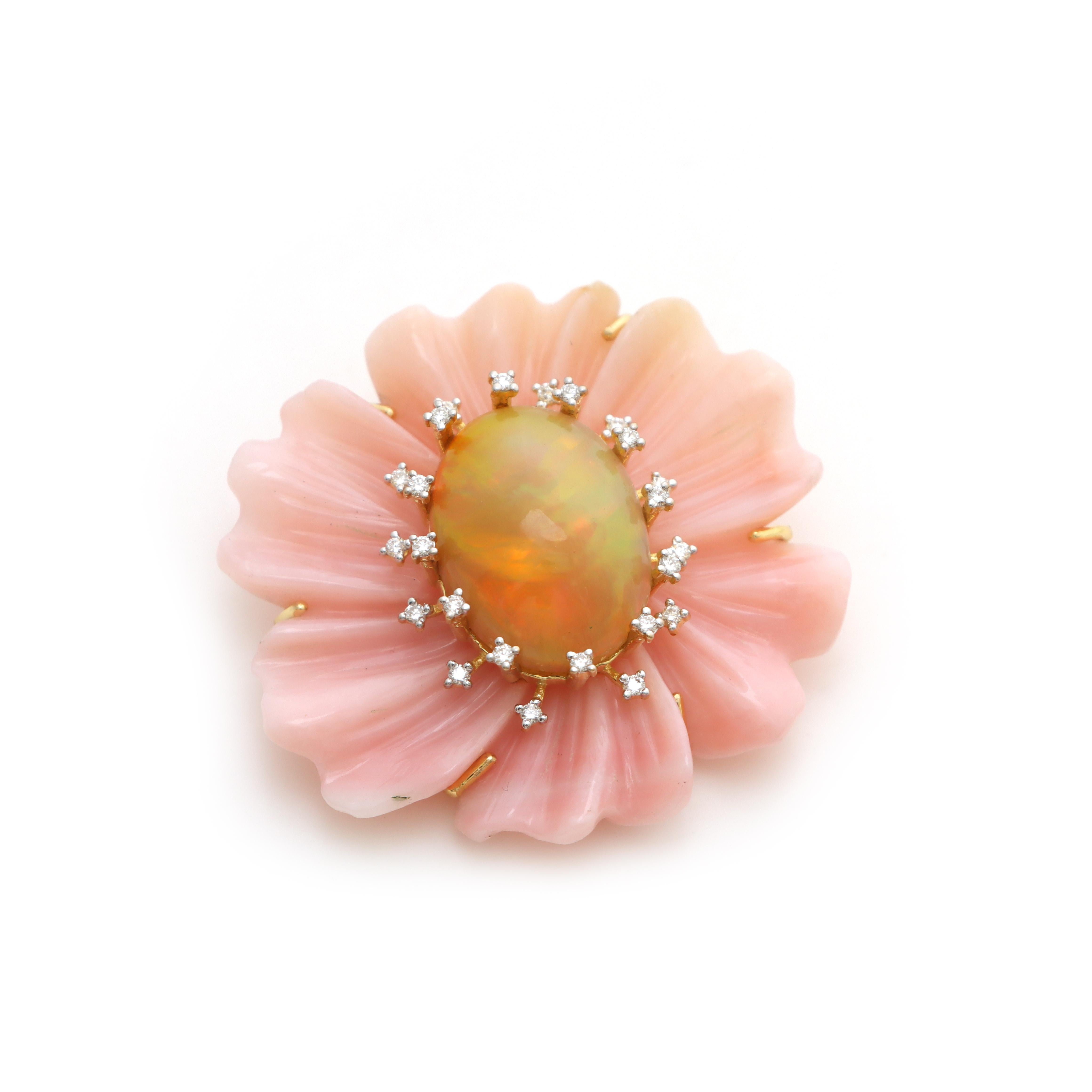 Pendentif Fleur en Opale Rose, Pendentif Opale Ethiopienne en Or Jaune 14k Neuf - En vente à Jaipur, IN