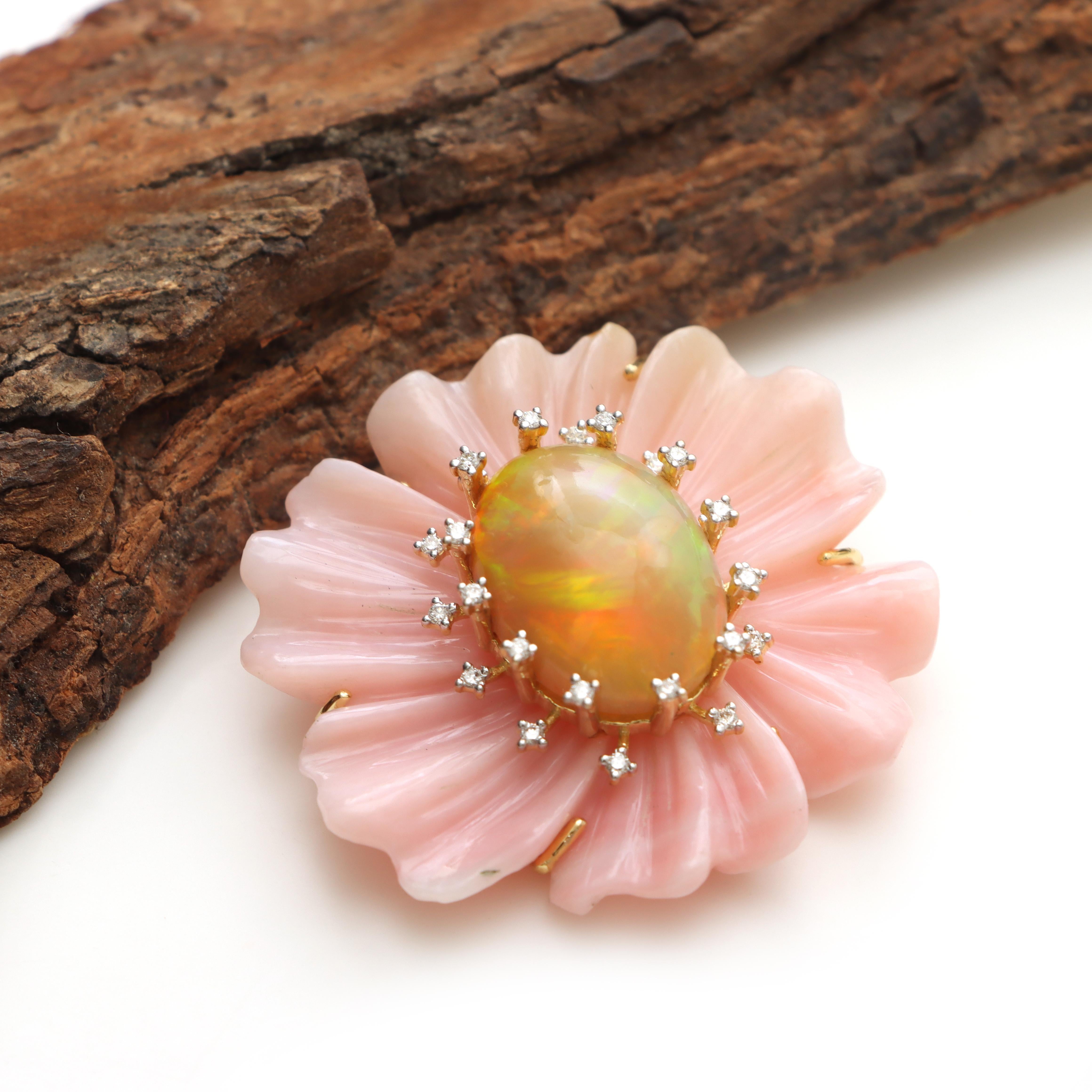 Pendentif Fleur en Opale Rose, Pendentif Opale Ethiopienne en Or Jaune 14k Pour femmes en vente