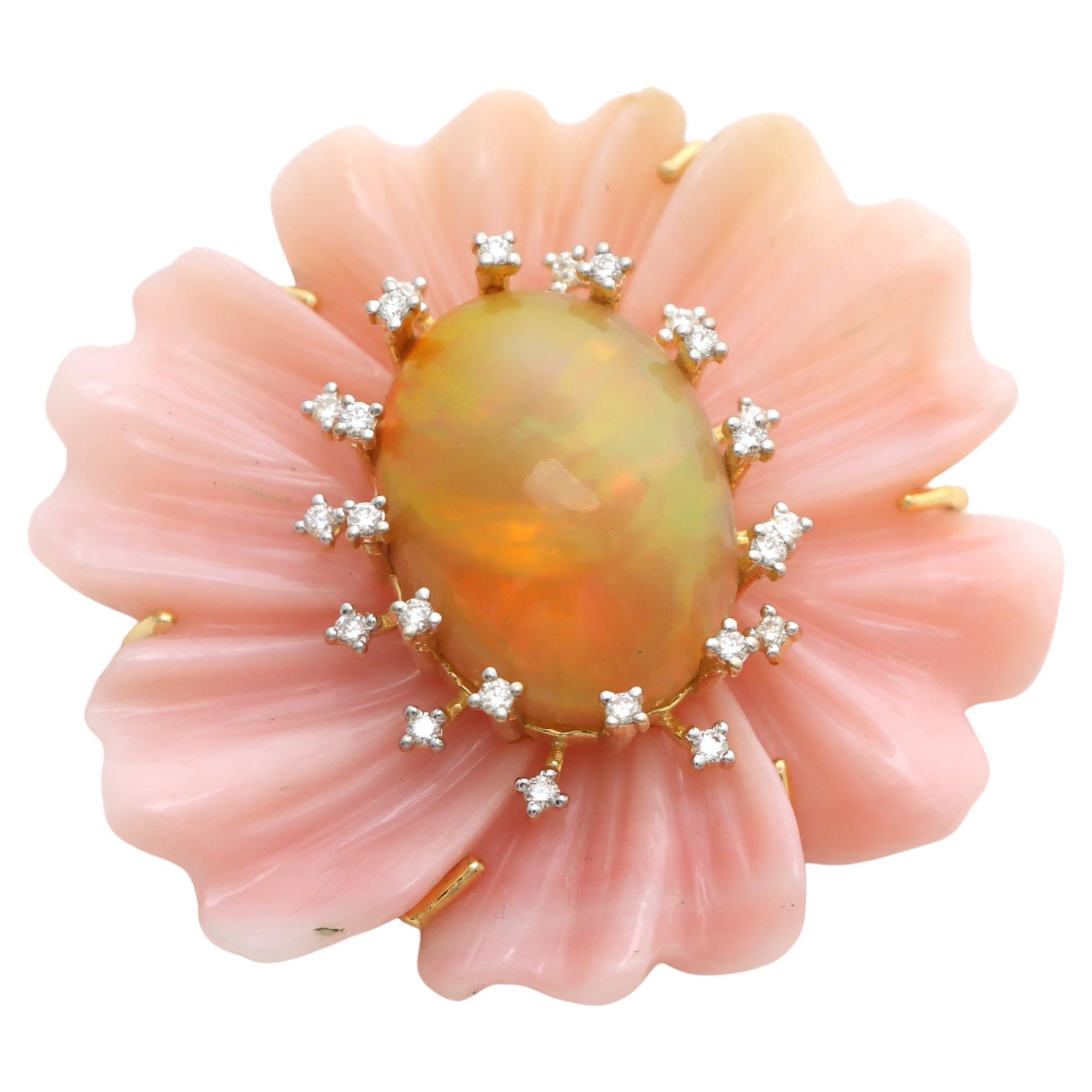 Pendentif Fleur en Opale Rose, Pendentif Opale Ethiopienne en Or Jaune 14k en vente