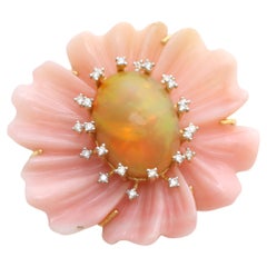 Ciondolo con fiore intagliato di opale rosa, ciondolo in oro giallo 14k con opale etiope