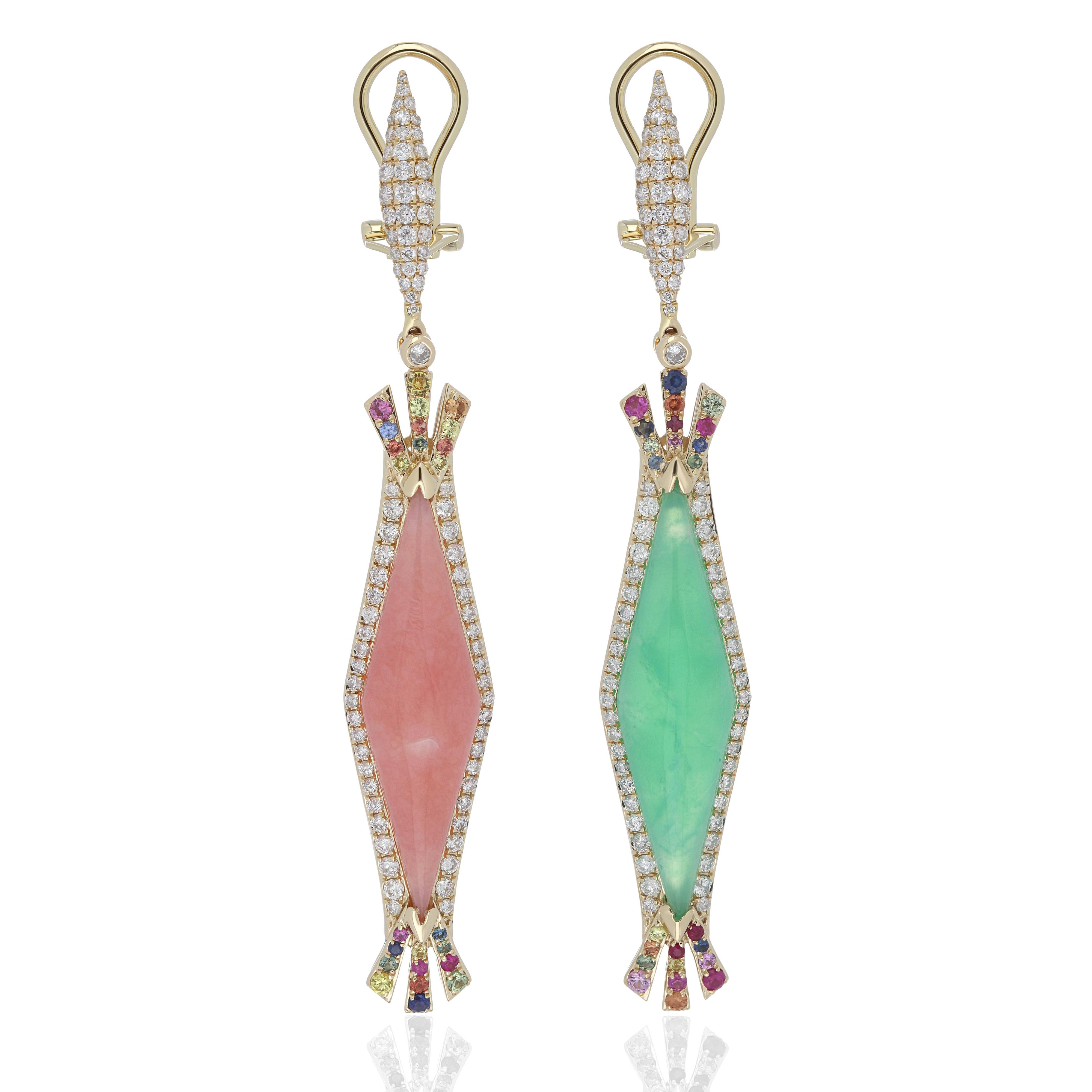 Kite Cut Pink Opal, Chrysoprase, Multi Sapphire and Diamond Earring 14 Karat Yellow Gold For Sale