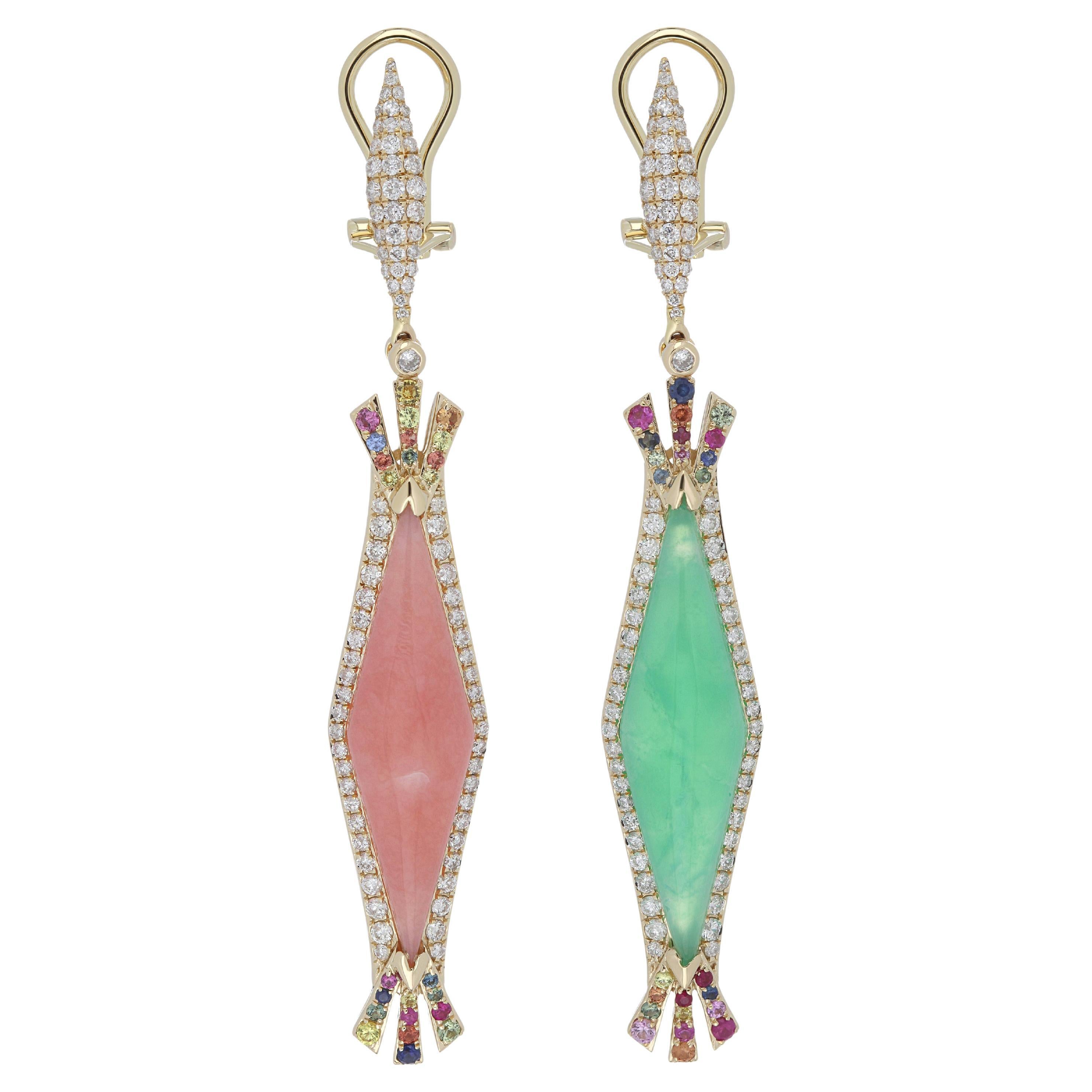 Boucles d'oreilles en or jaune 14 carats, chrysoprase rose, saphirs multiples et diamants