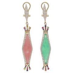 Pink Opal, Chrysoprase, Multi Sapphire and Diamond Earring 14 Karat Yellow Gold