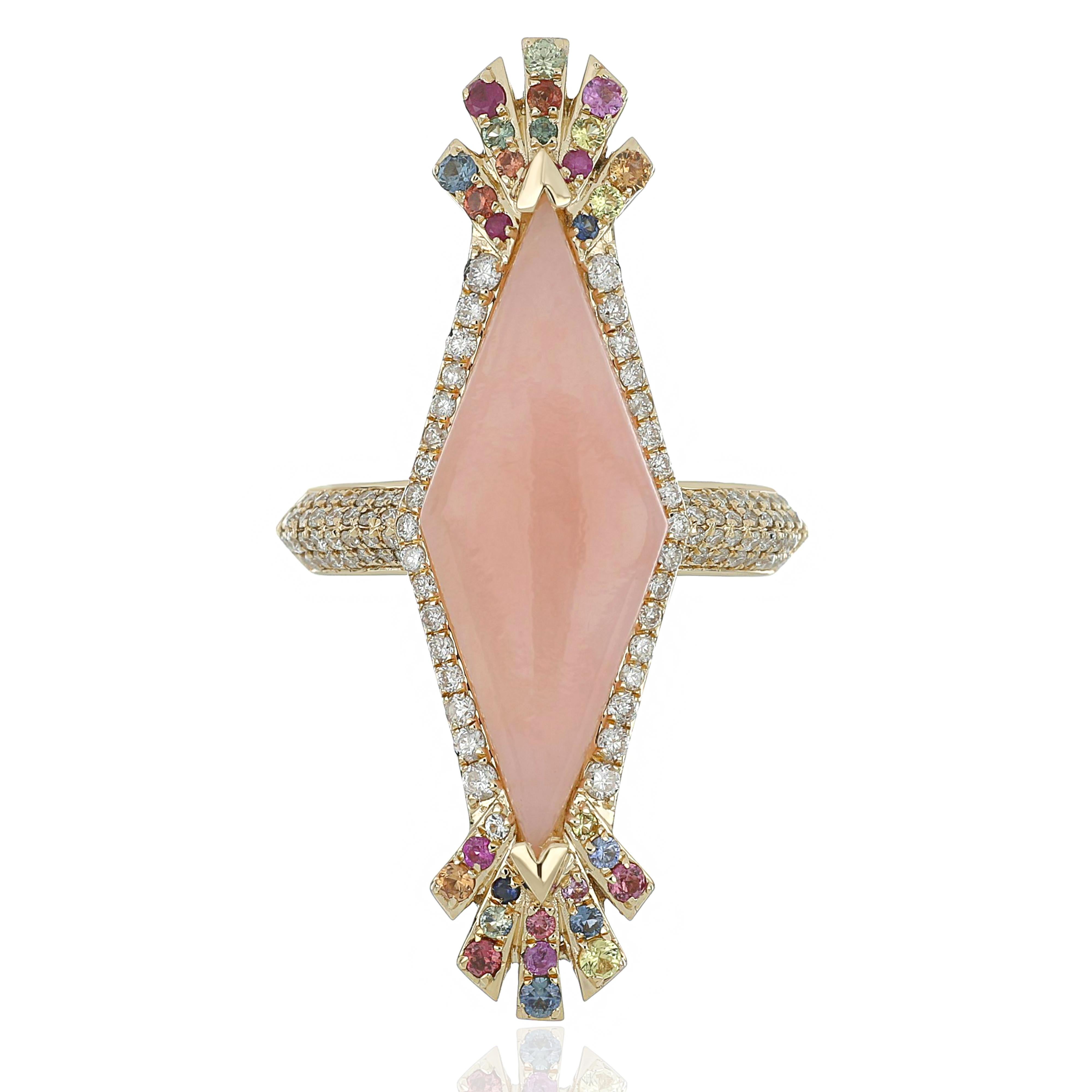 Pink Opal, Chrysoprase, Multi Sapphire and Diamond Earring & Ring Set 14K Gold For Sale 5