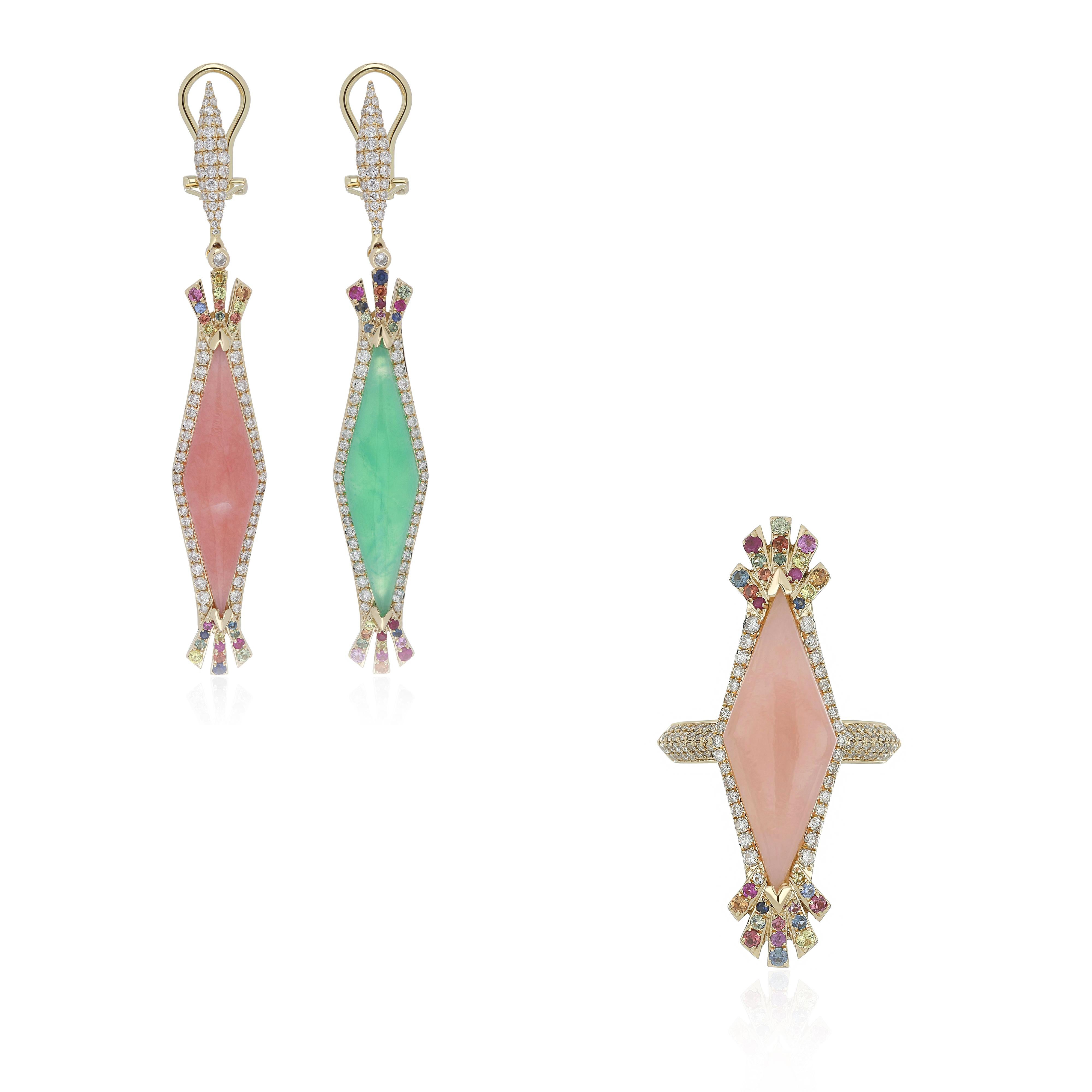 Pink Opal, Chrysoprase, Multi Sapphire and Diamond Earring & Ring Set 14K Gold For Sale 6