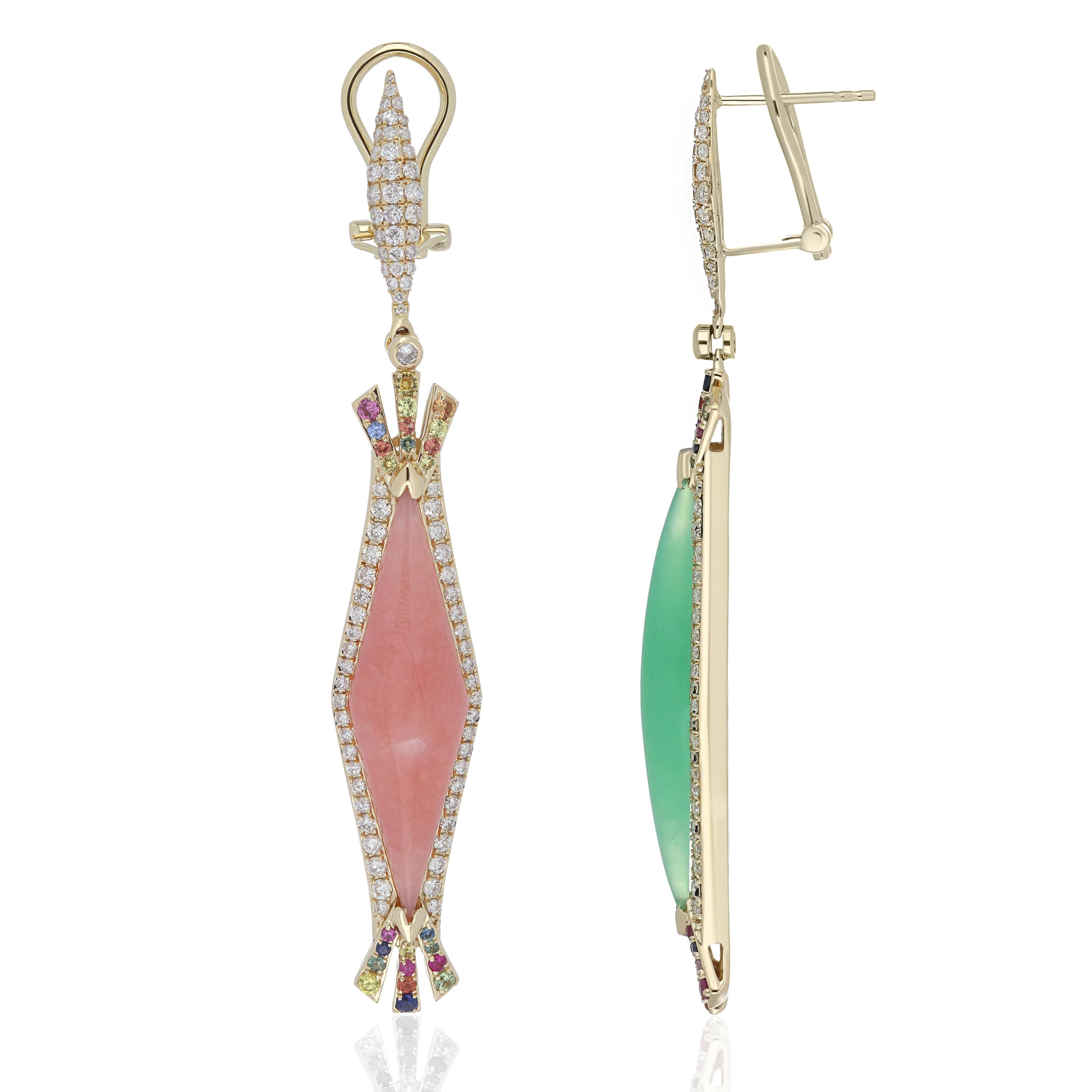 A beautiful set of Ring and mismatched Earrings in 14K yellow gold.

Earring Details: 
 Primary Stone: - Pink Opal,
 Primary Stone Size: -32x8MM                            
 Primary Stone Weight: - 4.10Cts (approx.)

Secondary Stone: -
