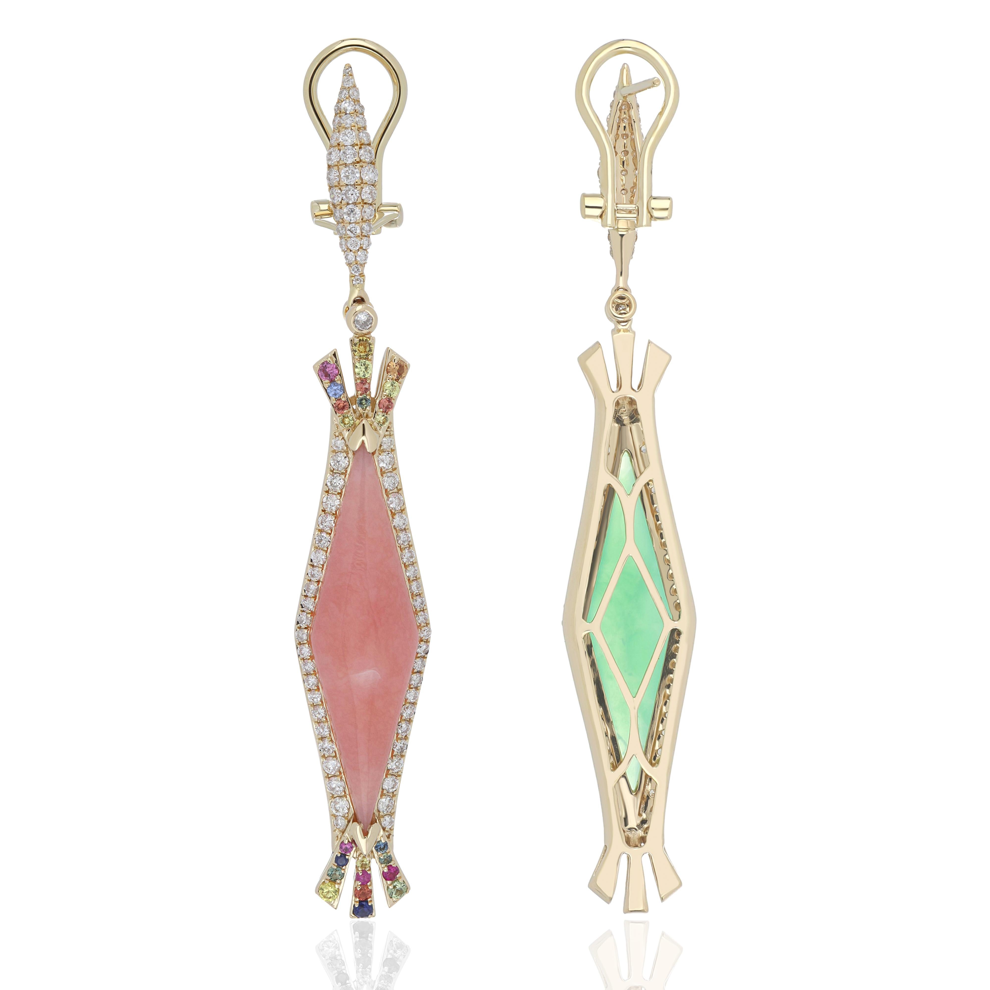 Modern Pink Opal, Chrysoprase, Multi Sapphire and Diamond Earring & Ring Set 14K Gold For Sale