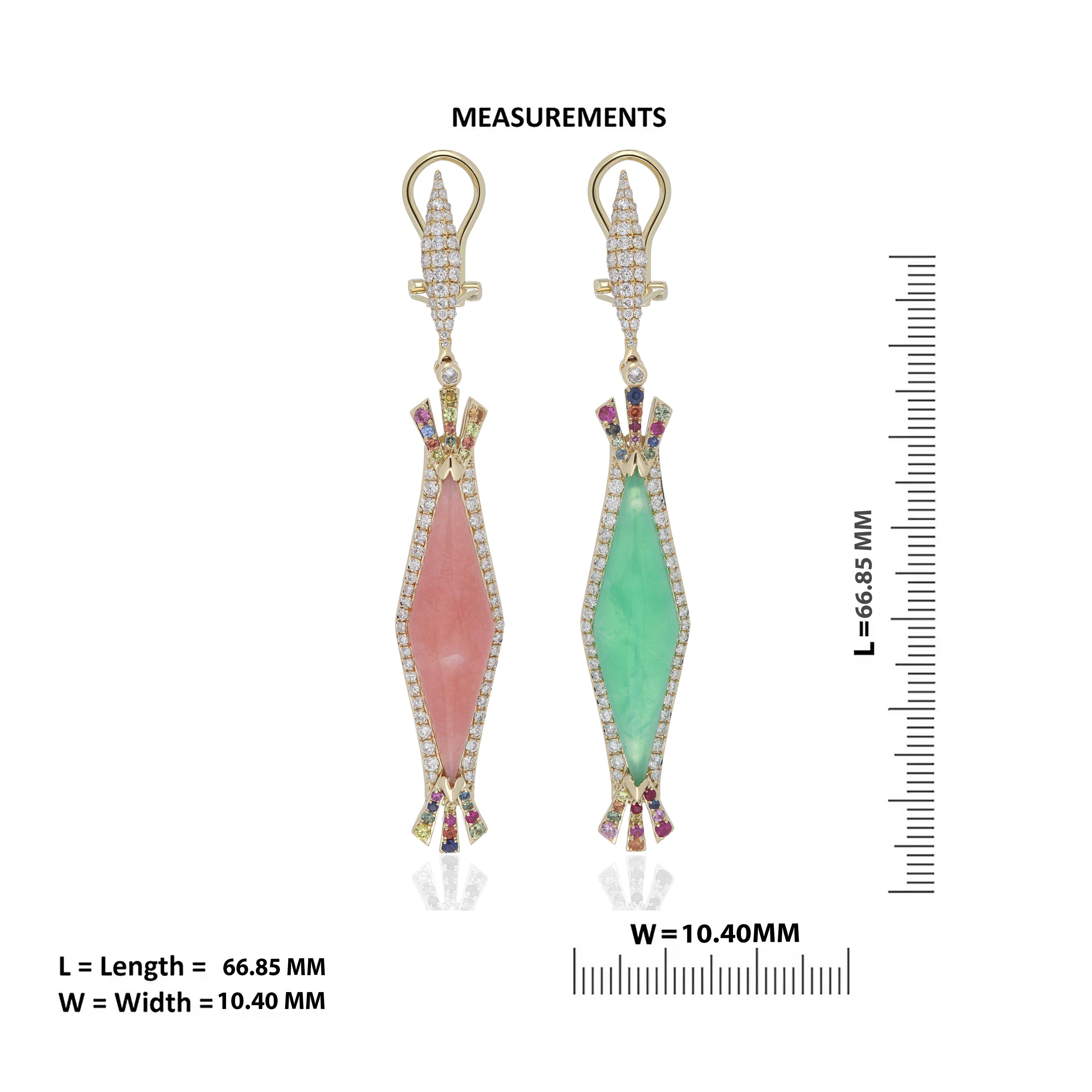 Mixed Cut Pink Opal, Chrysoprase, Multi Sapphire and Diamond Earring & Ring Set 14K Gold For Sale