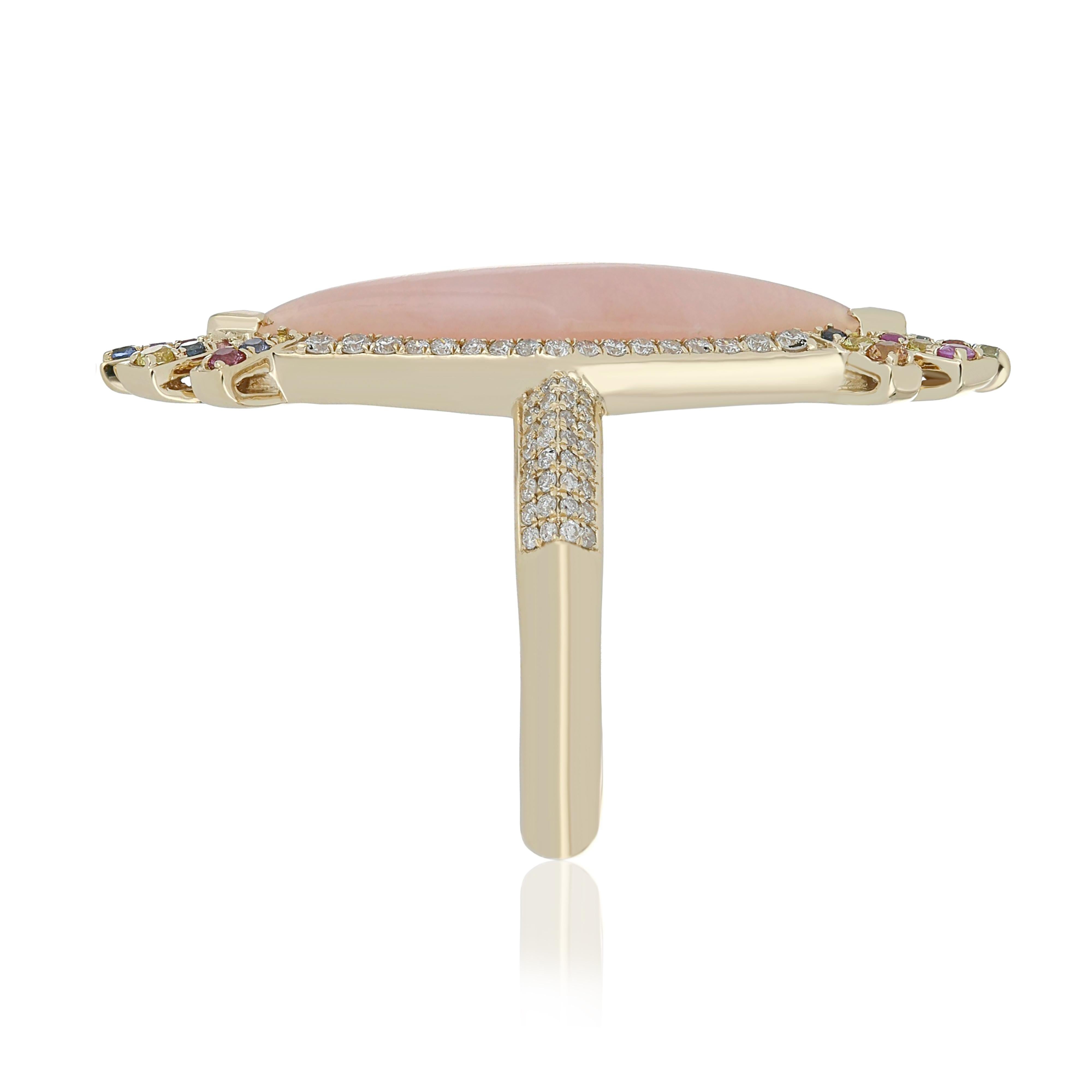 Pink Opal, Chrysoprase, Multi Sapphire and Diamond Earring & Ring Set 14K Gold For Sale 1