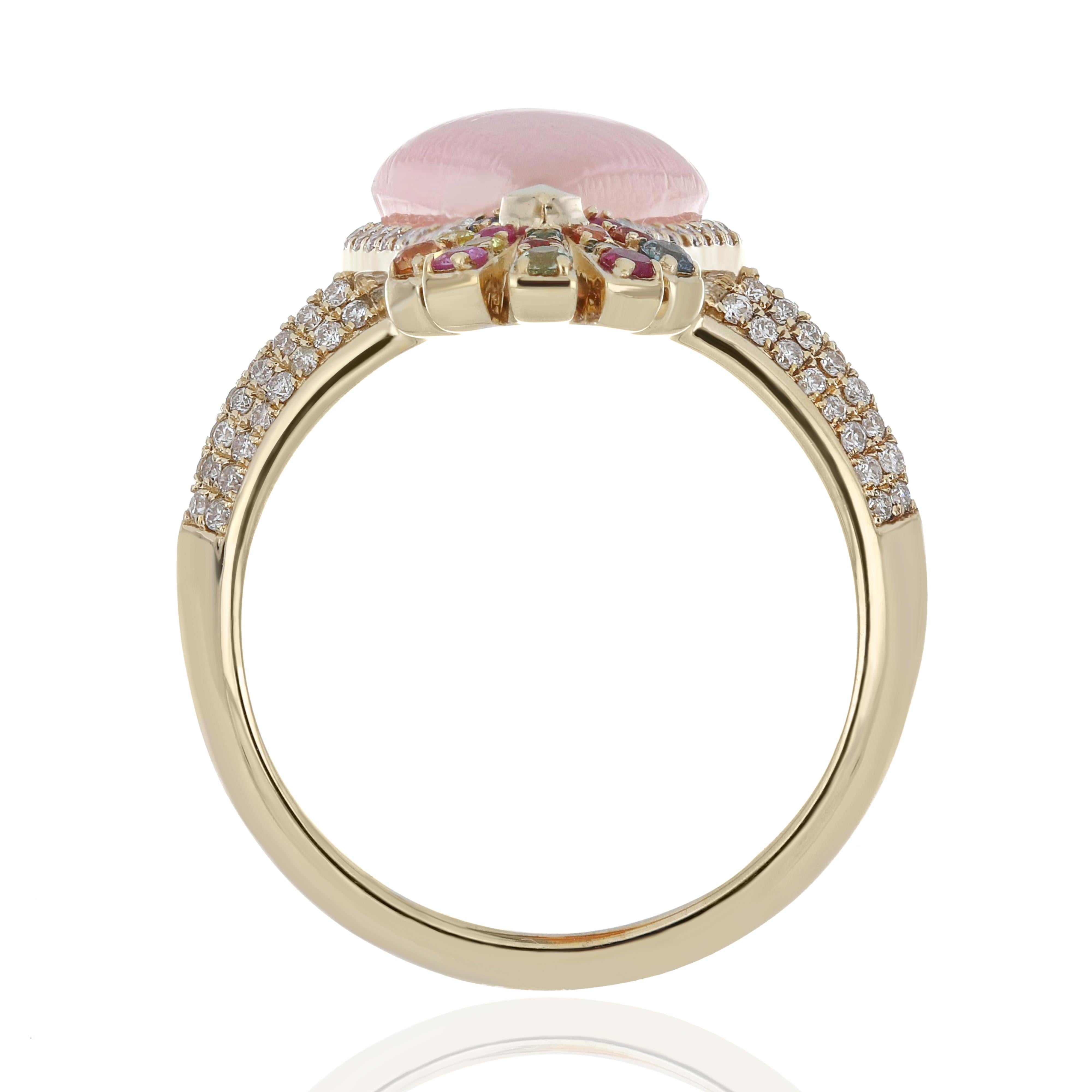 Pink Opal, Chrysoprase, Multi Sapphire and Diamond Earring & Ring Set 14K Gold For Sale 3