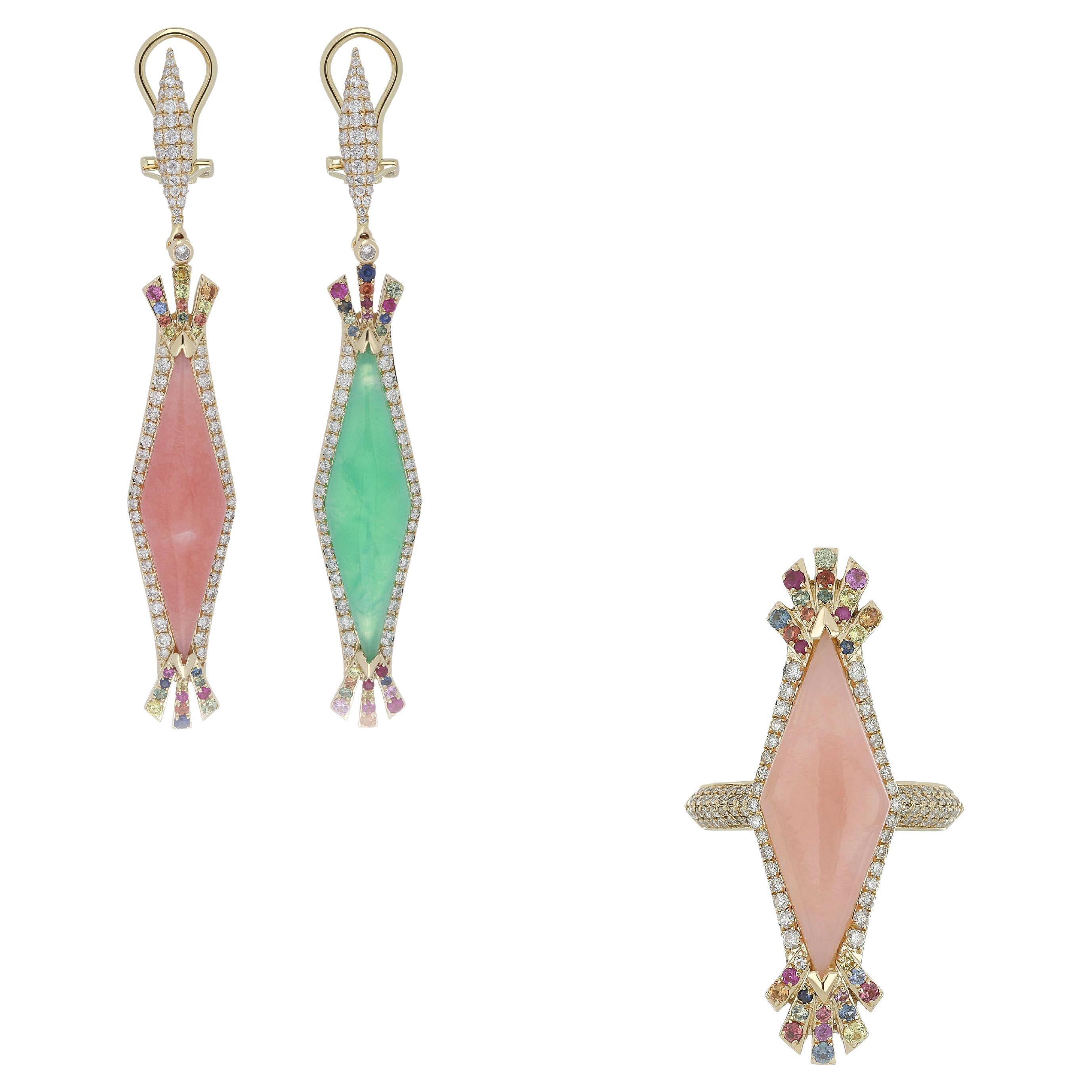 Pink Opal, Chrysoprase, Multi Sapphire and Diamond Earring & Ring Set 14K Gold For Sale