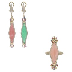 Set di orecchini e anelli in oro 14K con opale rosa, crisoprasio, zaffiro multiplo e diamanti