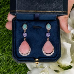 Pink Opal Dangle Earrings Amazonite Tanzanite 18K Rose Gold Plated Silver