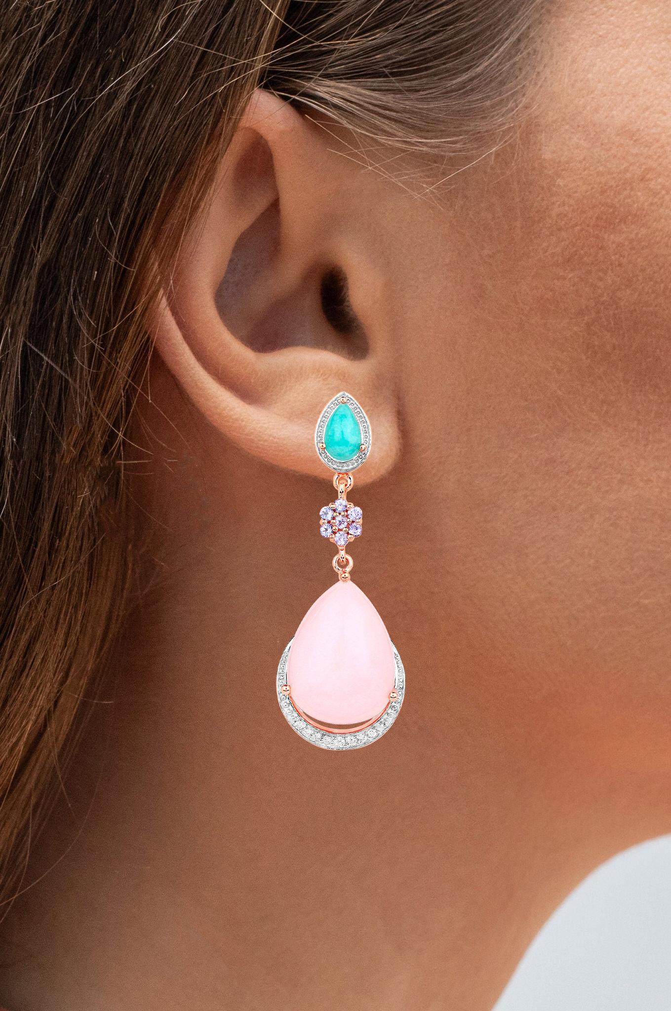 Contemporary Pink Opal Dangle Earrings Amazonite Tanzanite 18K Rose Gold Plated Silver For Sale