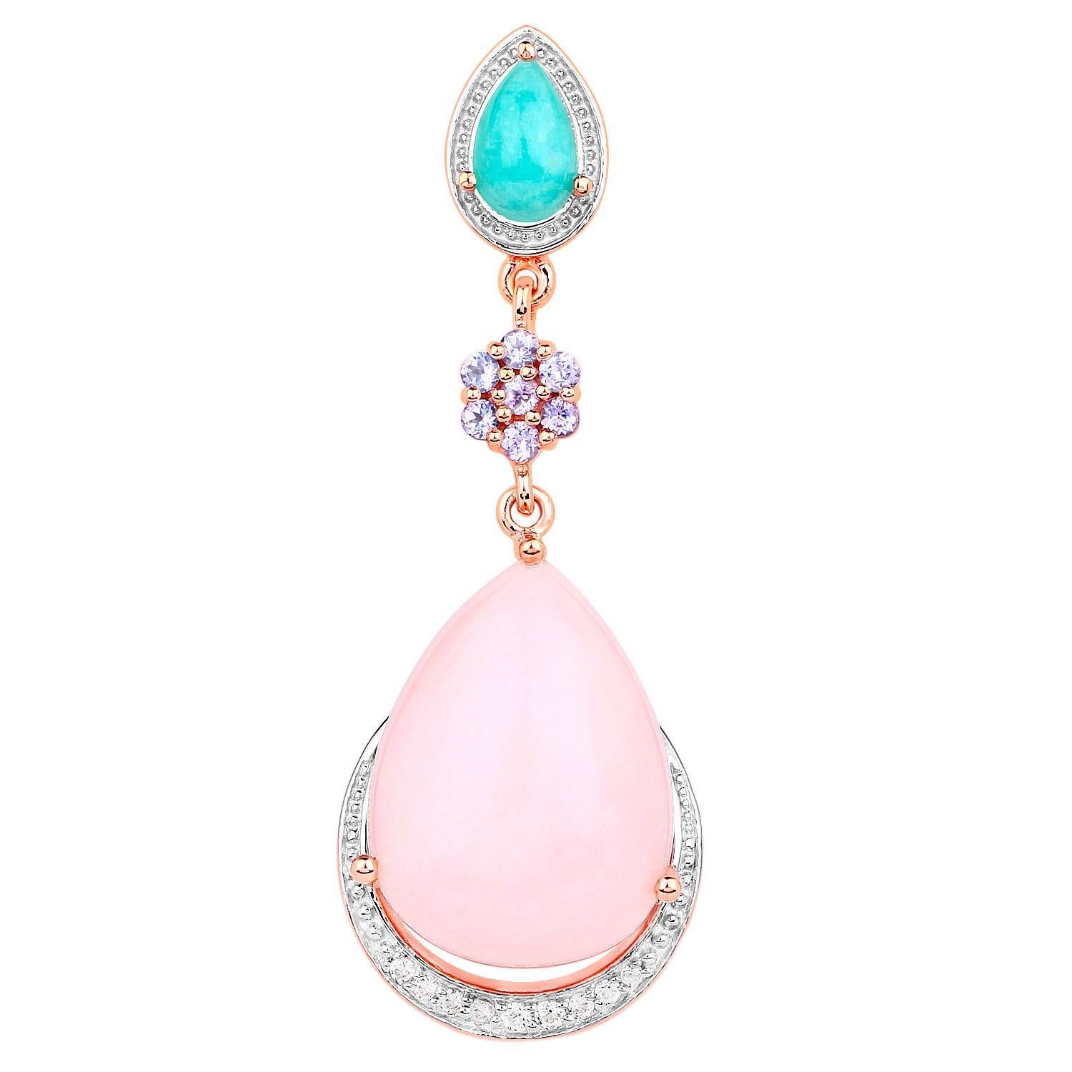 Cabochon Pink Opal Dangle Earrings Amazonite Tanzanite 18K Rose Gold Plated Silver For Sale
